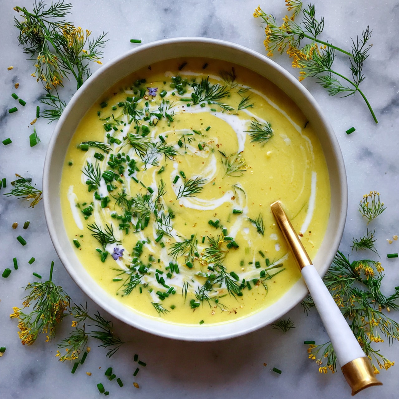 A creamy soup is served in a white bowl, filled almost to the top with smooth, thick yellow soup. There is a swirl of white cream on the surface adding a soft contrast. On top of the soup, fresh green chopped chives and delicate dill sprigs are scattered, giving a fresh and colorful touch. A gold spoon with a white handle rests inside the bowl on the left side. The bowl sits on a white marbled surface with some herb pieces around it. photo taken with an iphone --ar 4:5 --v 7