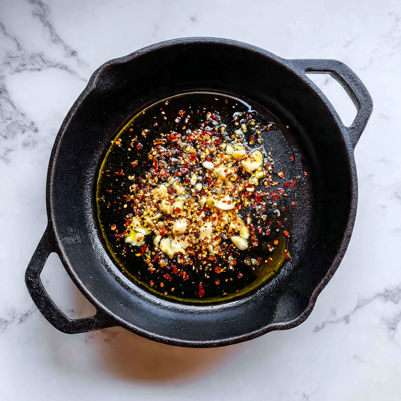 A black cast iron pan sits on a white marbled surface, with olive oil spread evenly inside. In the center of the pan, there are small pieces of white garlic and scattered red chili flakes mixed together, creating a contrast against the dark pan. The garlic pieces are uneven and roughly chopped, while the chili flakes are small and bright. The pan handle is visible on the left side. photo taken with an iphone --ar 4:5 --v 7