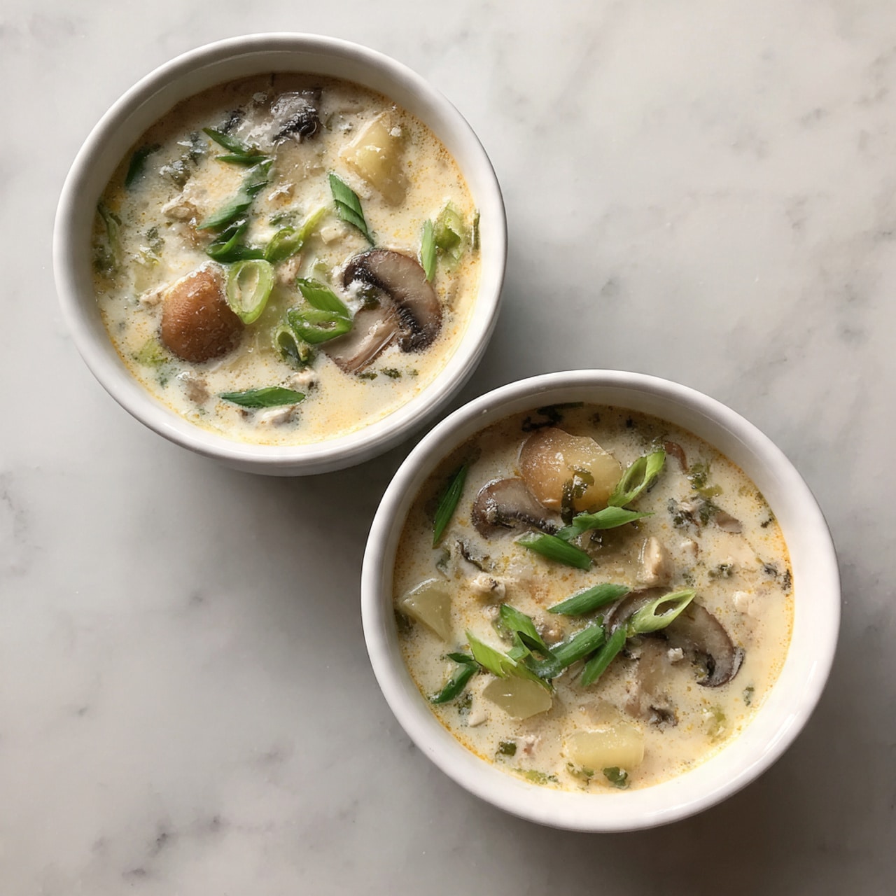 This image shows two white bowls filled with creamy soup placed on a white marbled surface. The soup has a light beige color with chunks of dark brown mushrooms and pale yellow potatoes floating within it. There are also small pieces of bright green sliced onions sprinkled on top, adding a fresh look to the dish. The texture of the soup appears thick and smooth, enveloping the chunky ingredients evenly. The bowls are plain white and round, emphasizing the colors and textures of the soup inside. Photo taken with an iphone --ar 4:5 --v 7