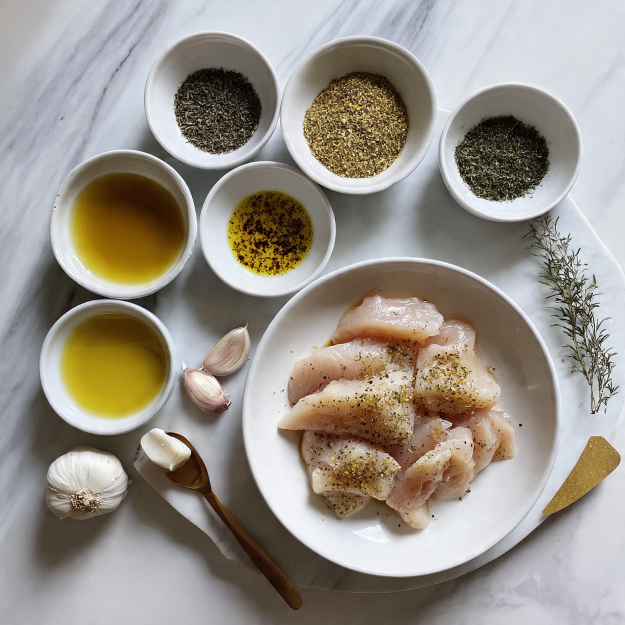 A white plate holds four raw chicken strips that are light pink with a shiny, wet texture. Surrounding the plate on a white marbled surface are five small clear glass and white bowls. The top glass bowls contain golden yellow oil, dark brown soy sauce, and minced light yellow garlic. The two white dishes below hold small piles of green dried herbs. The overall layout is neat and well spaced, showing the raw ingredients clearly. Photo taken with an iphone --ar 4:5 --v 7