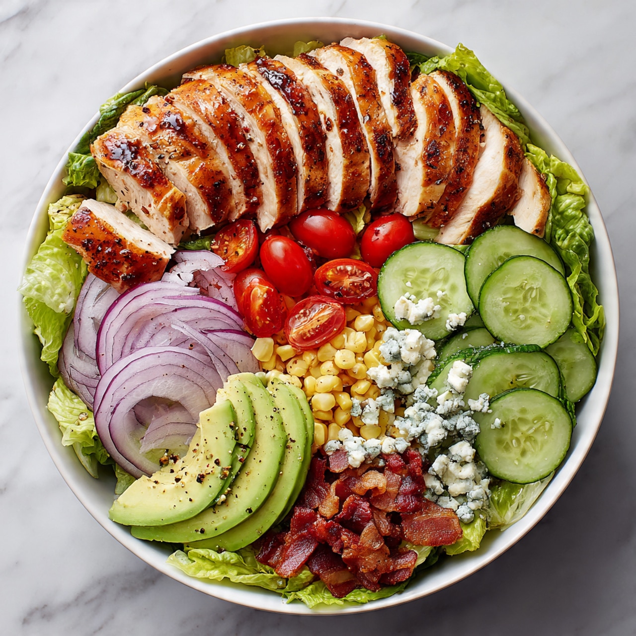 A white large bowl sits on a white marbled surface filled with fresh green lettuce as the base layer. On top, in a curved arrangement, are slices of grilled chicken with golden brown grill marks and a sprinkle of herbs. Next to the chicken are bright red cherry tomatoes cut in halves, followed by a sliced avocado with a smooth green texture. There are small piles of yellow corn kernels and diced green cucumber slices mixed with herbs. Crispy bacon bits add a dark reddish-brown color near the cucumbers. Thin slices of purple onion and small chunks of light blue cheese are placed near the avocado and lettuce, completing the colorful and fresh salad mix. photo taken with an iphone --ar 4:5 --v 7