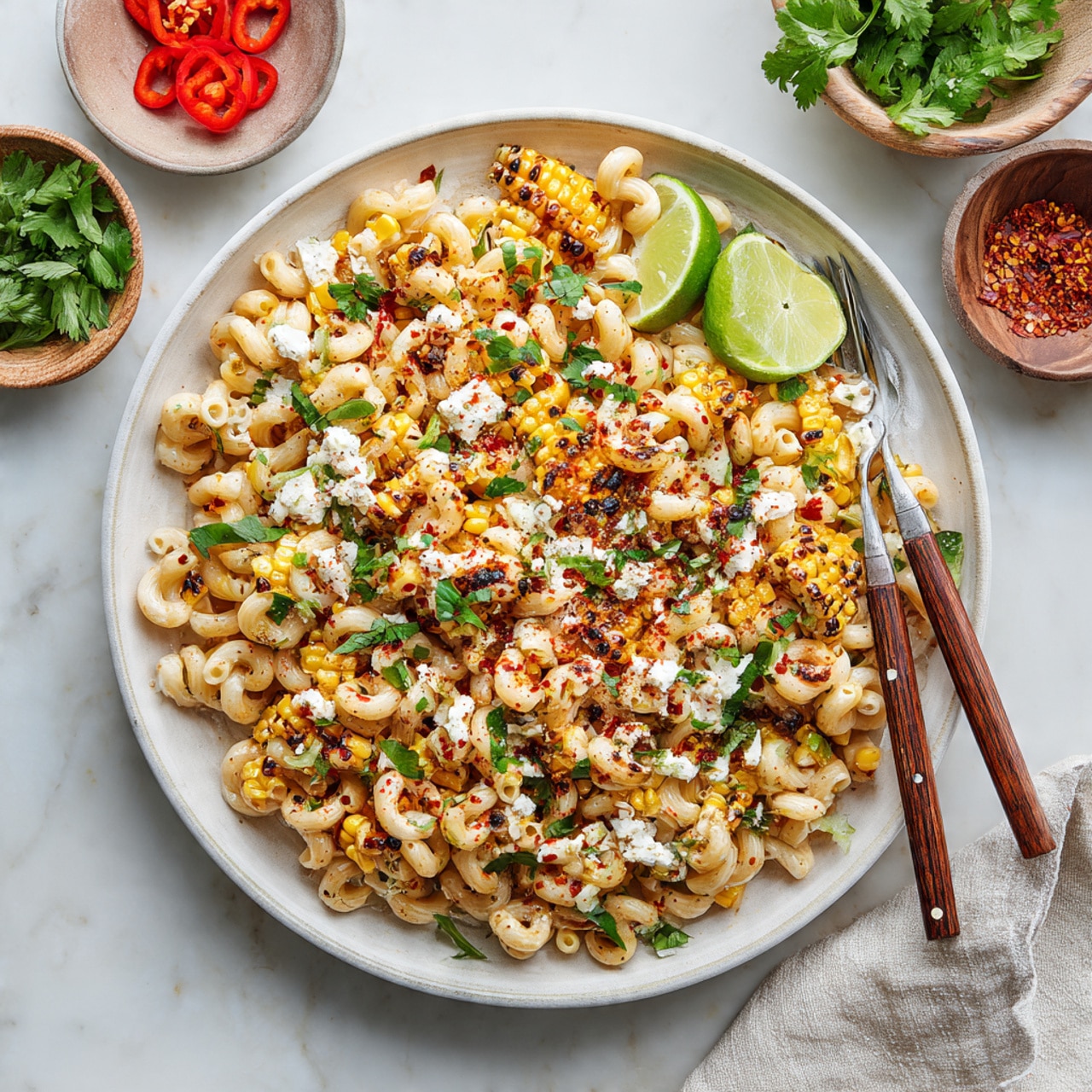 A white round plate holds a mixture with two main layers: the bottom layer is creamy and light beige with small ditalini pasta mixed in, and the top layer is bright yellow grilled corn kernels with black grill marks, scattered with crumbled white cheese, fresh green chopped herbs, and a sprinkle of red chili powder. Three lime wedges, two stacked and one separate, rest on top near the edge of the plate. Two forks with wooden handles are placed inside the dish on the left side, partially resting on the creamy pasta and corn mix. Around the plate, there are lime slices on a textured light grey plate to the top left, small bowls containing grilled corn and salt with pepper, several red and green peppers, fresh green parsley, and a mustard-colored cloth beneath a small bowl filled with white cheese on a white marbled surface. Photo taken with an iphone --ar 4:5 --v 7
