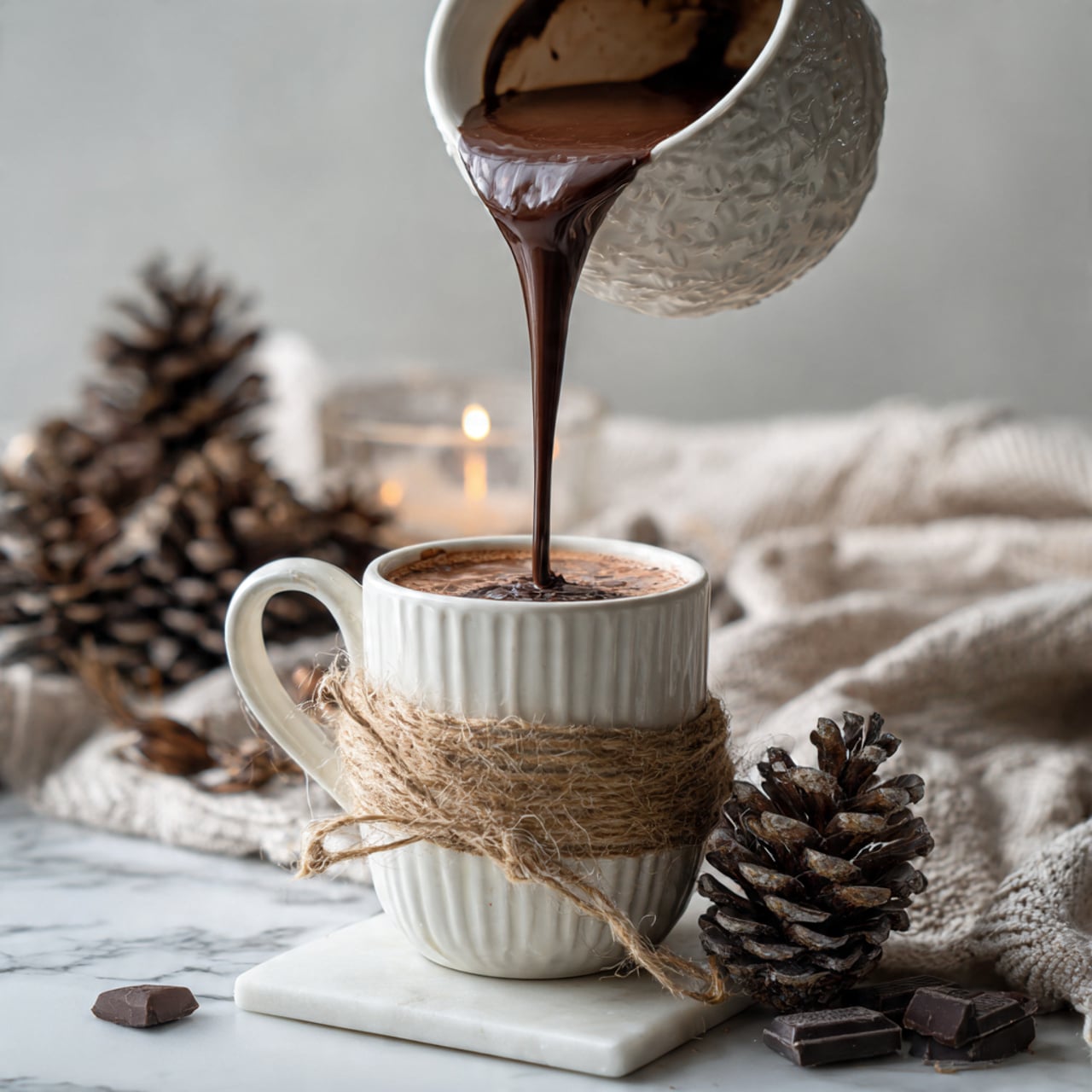 A white ceramic bowl with a pale green rim is held by a woman's hand pouring thick, dark brown hot chocolate into a white cup wrapped with brown twine around the lower half. The cup sits on a light beige cloth on a white marbled surface, surrounded by a small whisk, scattered pieces of chocolate, pinecones, and pine sprigs. In the background, another white cup with brown twine is slightly blurred, set against a soft white marble wall. The scene looks cozy and warm, perfect for a winter drink. photo taken with an iphone --ar 4:5 --v 7