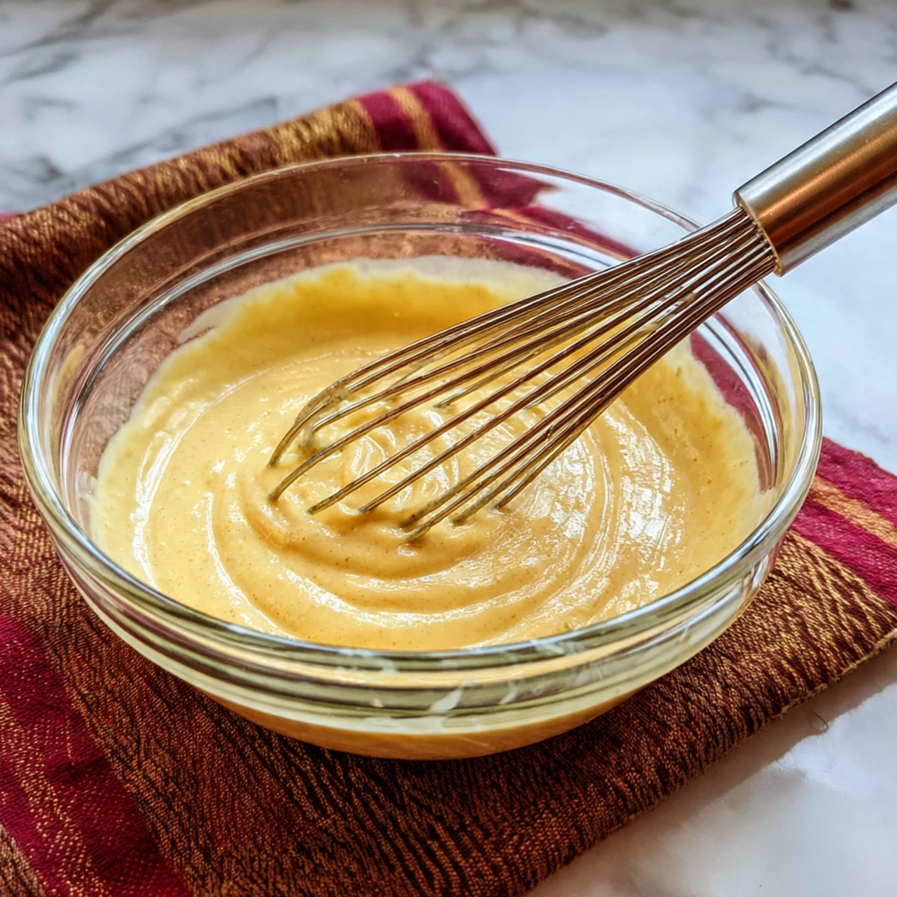 A clear glass bowl filled with a smooth, light yellow batter being mixed with a metal whisk. The batter has a soft, creamy texture and swirls are visible where the whisk moves through it. The bowl is placed on a white marbled surface with a textured brown and a red cloth underneath it. Photo taken with an iphone --ar 4:5 --v 7