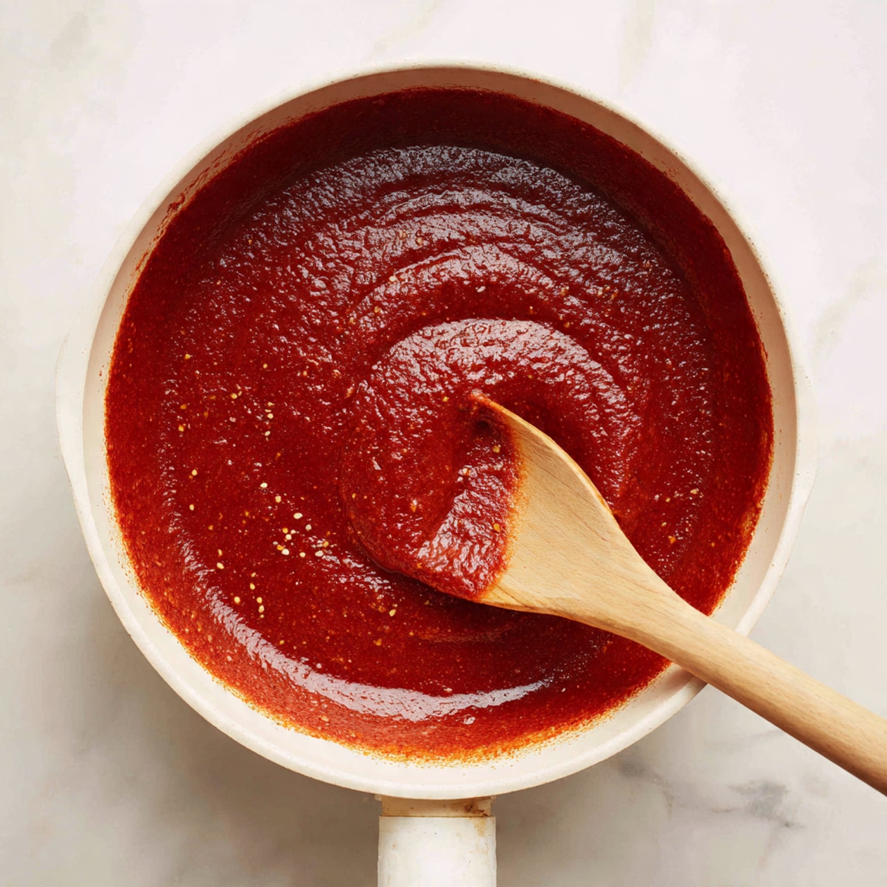 The image shows a white pan filled with a thick, red sauce that has a smooth and slightly glossy texture with small bits inside. A wooden spoon is stirring the sauce, partially covered in the sauce, and the pan is placed on a white marbled surface. The wooden spoon contrasts with the deep red sauce, and the handle of the pan is light brown wood. Photo taken with an iphone --ar 4:5 --v 7