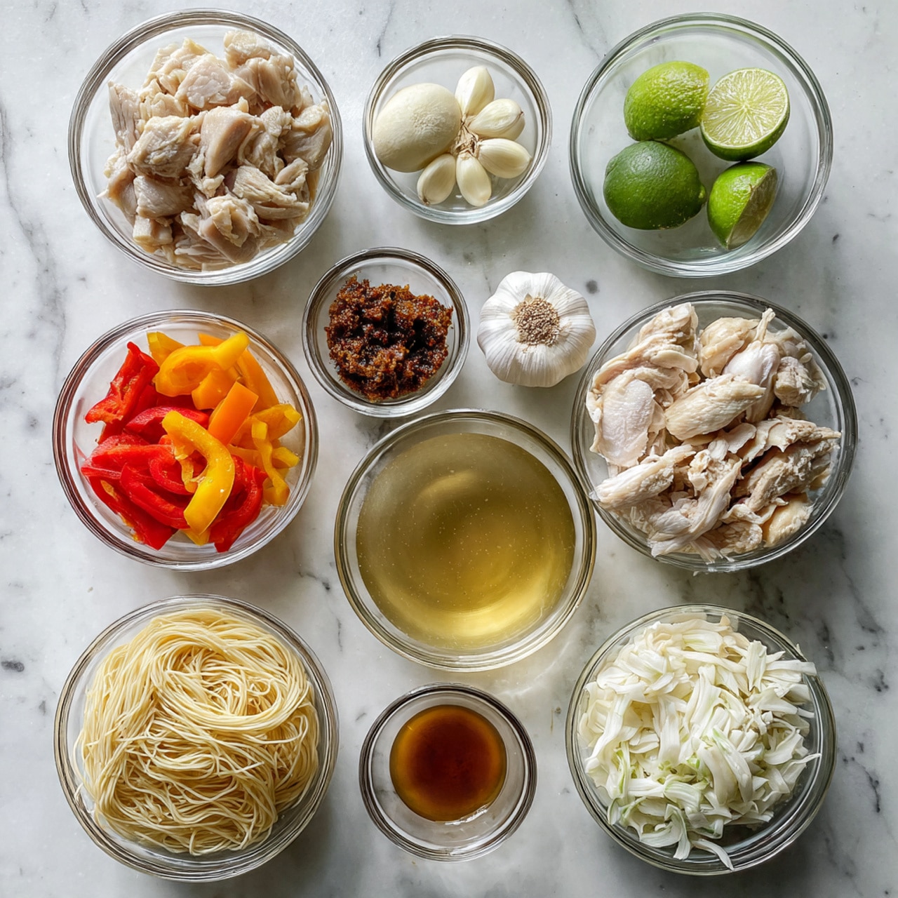 The image shows several ingredients for cooking arranged neatly on a white marbled surface. There is a large white plate on the right side filled with small, pale pink chicken pieces. Above it, there are slices of fresh ginger root, light brown with a yellow inside. To the left, a clear glass bowl holds bright red chopped bell peppers, and above it, another small glass bowl contains light green chopped spring onions. Next to the spring onions, a glass bowl has a reddish-brown paste, and beside it, a similar bowl has light brown sugar. In the top left corner, a medium-sized glass bowl is filled with small white onion cubes. Green cilantro leaves and one whole lime, with one half lime cut open, sit near the center. A glass container with orange broth, and a small bunch of uncooked thin noodles are at the bottom left. There are also a few unpeeled garlic cloves near the noodles. The overall colors are fresh and vibrant, with clear glass bowls and a clean setup. Photo taken with an iphone --ar 4:5 --v 7