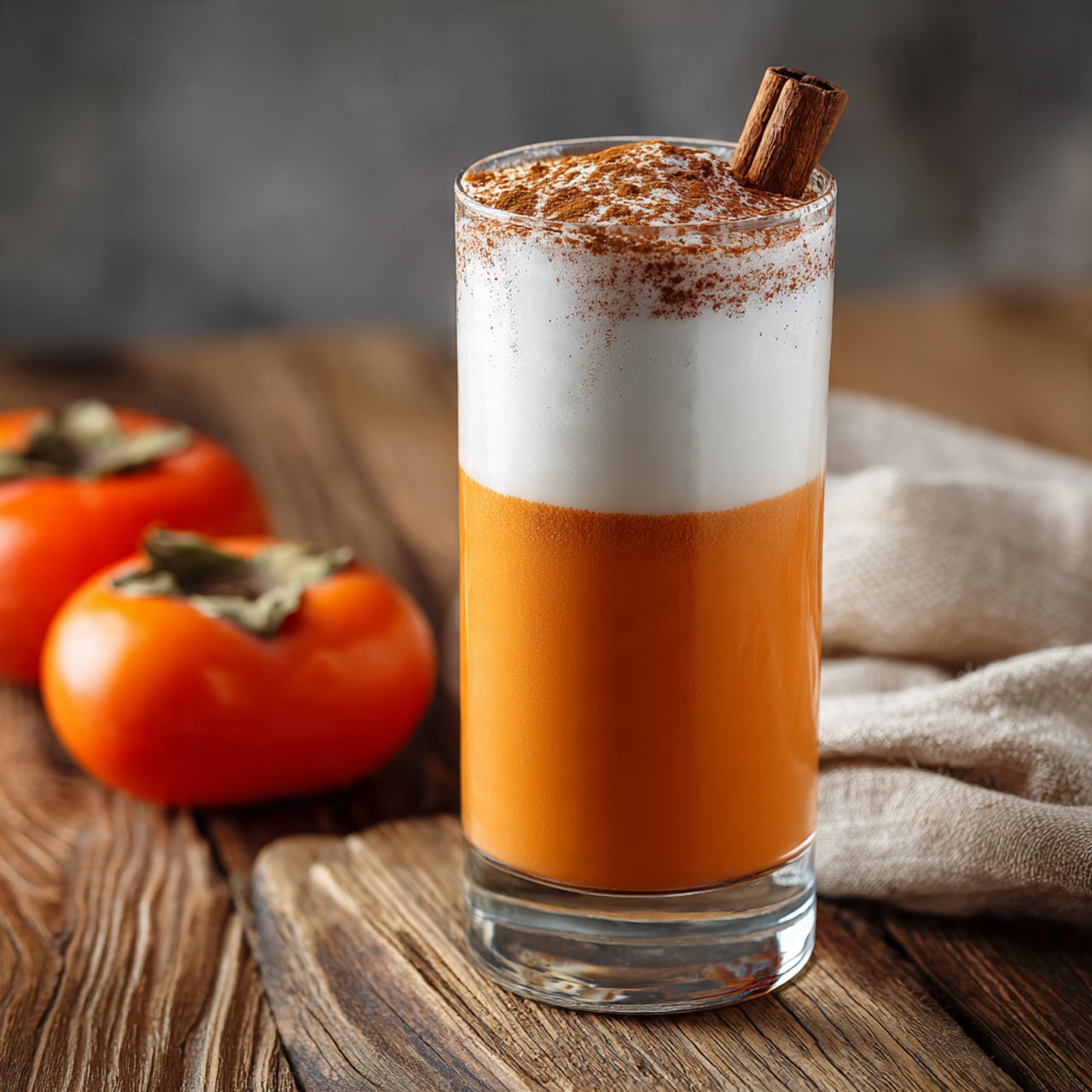 A tall clear glass filled with a layered drink: the bottom layer is bright orange, the middle layer is a light cream color, and the top layer is white foam sprinkled with cinnamon powder. A cinnamon stick stands upright in the foam on the right side. Two orange persimmons are placed in the front left on a wooden surface. A piece of cinnamon stick and a soft cream-colored cloth are on the right side. The background is simple and neutral with a white marbled texture. Photo taken with an iphone --ar 4:5 --v 7