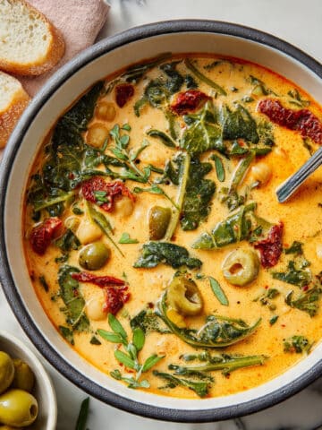 Green Olive and Sun-Dried Tomato Chickpea Orzo Soup Recipe