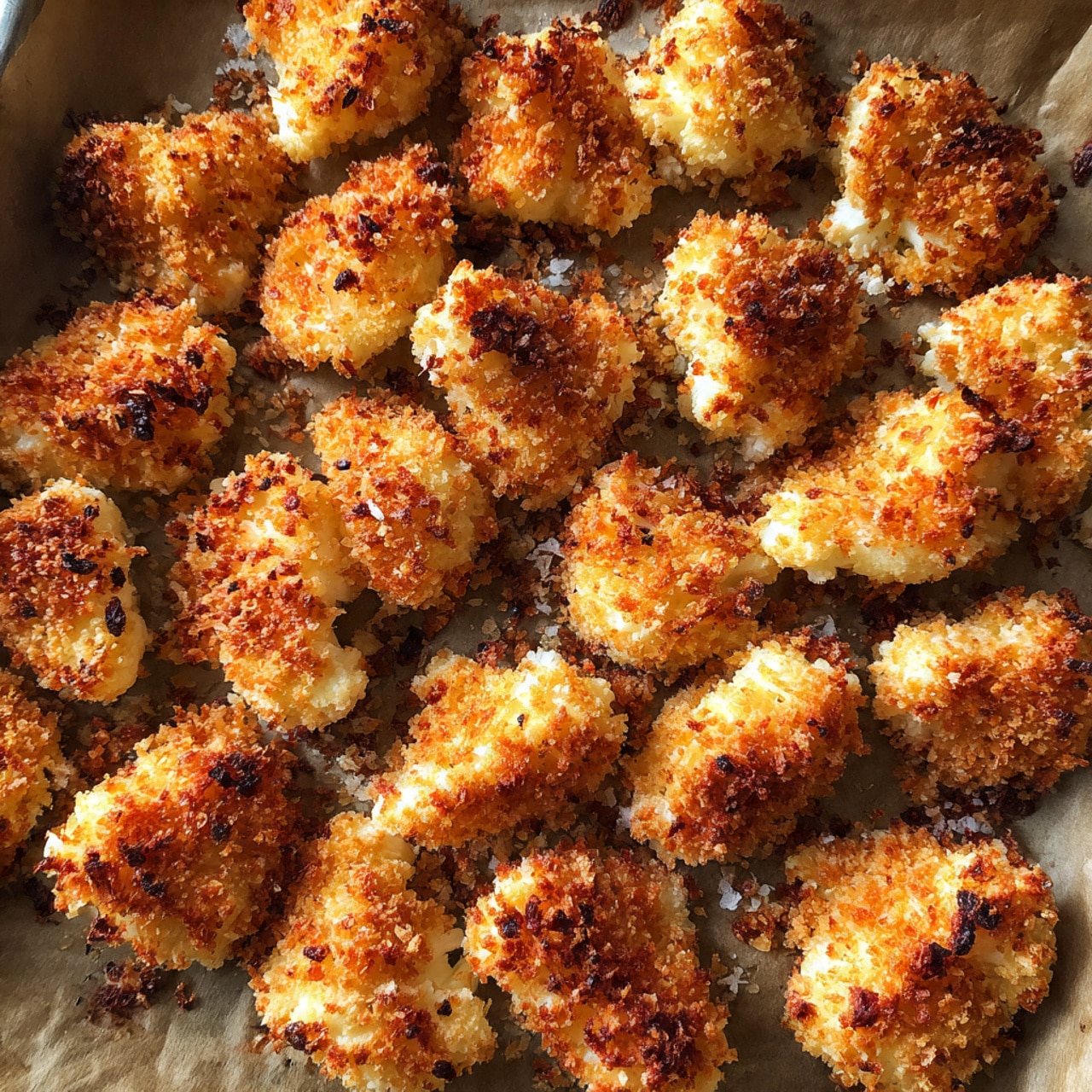The image shows many small cauliflower pieces on a baking sheet lined with brown paper. Each piece is coated in a golden brown, crunchy bread crumb layer, with some parts toasted darker for texture. The cauliflower inside is white and slightly visible under the crisp coating. The pieces are spread out evenly, with a rough and crumbly surface. The overall look is warm, toasty, and crunchy. photo taken with an iphone --ar 4:5 --v 7