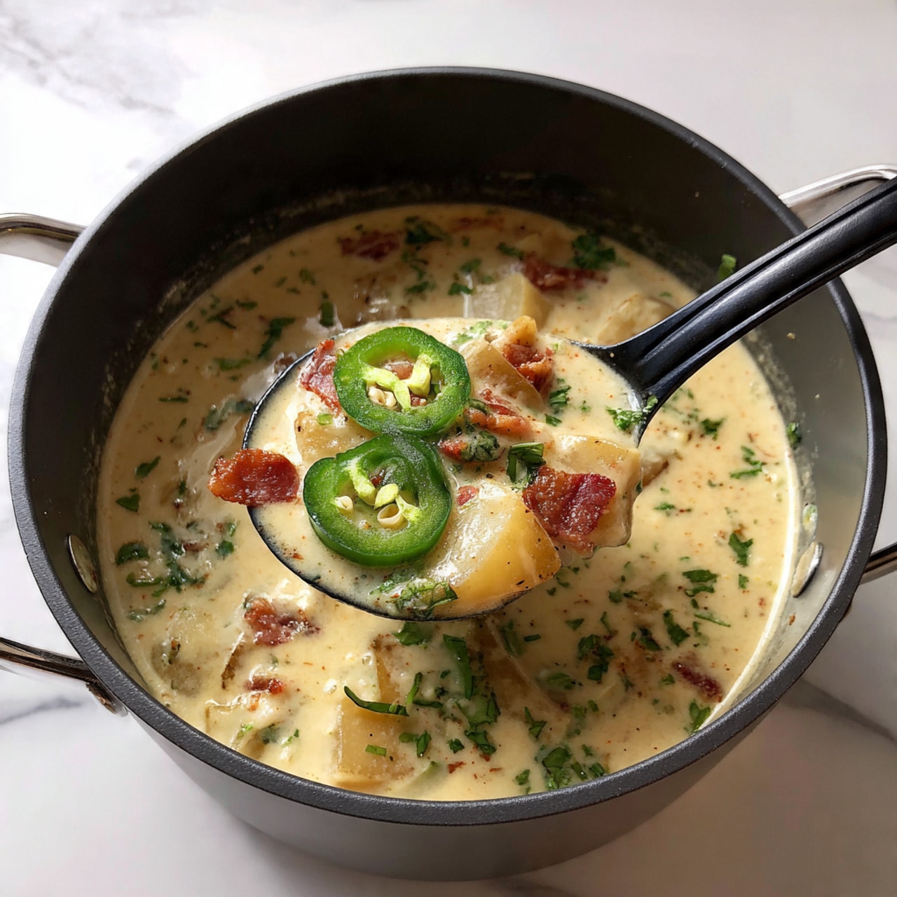 The image shows a pot of creamy soup filled with chunks of soft yellow potatoes and bits of crispy brown bacon scattered throughout. The soup base is light beige with a rich, smooth texture dotted with small pieces of green spring onions and a few black pepper flakes. A large black ladle lifts a portion of the soup, showing three slices of fresh green jalapeño peppers resting on top. The pot has a dark blue edge, and the whole scene is set on a white marbled surface. photo taken with an iphone --ar 4:5 --v 7