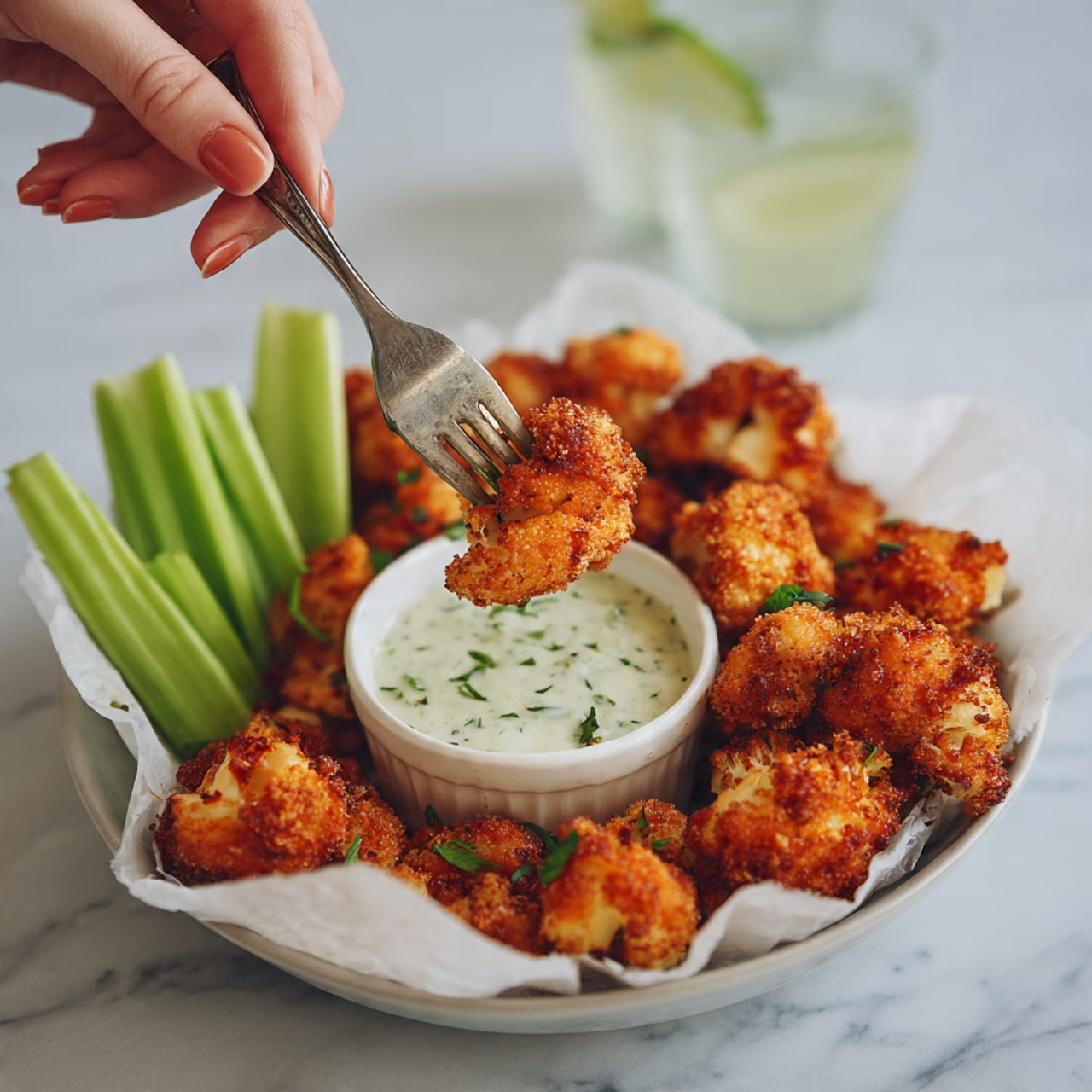 A white plate holds white crumpled paper filled with many small, orange, crispy fried cauliflower pieces piled closely together. On the right side of the plate, there are several bright green celery sticks standing up, next to a round white bowl of creamy white dipping sauce with green herb bits on top. In the upper left corner, a woman's hand holds a silver fork lifting one fried cauliflower piece above the rest. The whole scene is set on a white marbled surface with two clear glasses filled with light yellow liquid blurred in the background. photo taken with an iphone --ar 4:5 --v 7