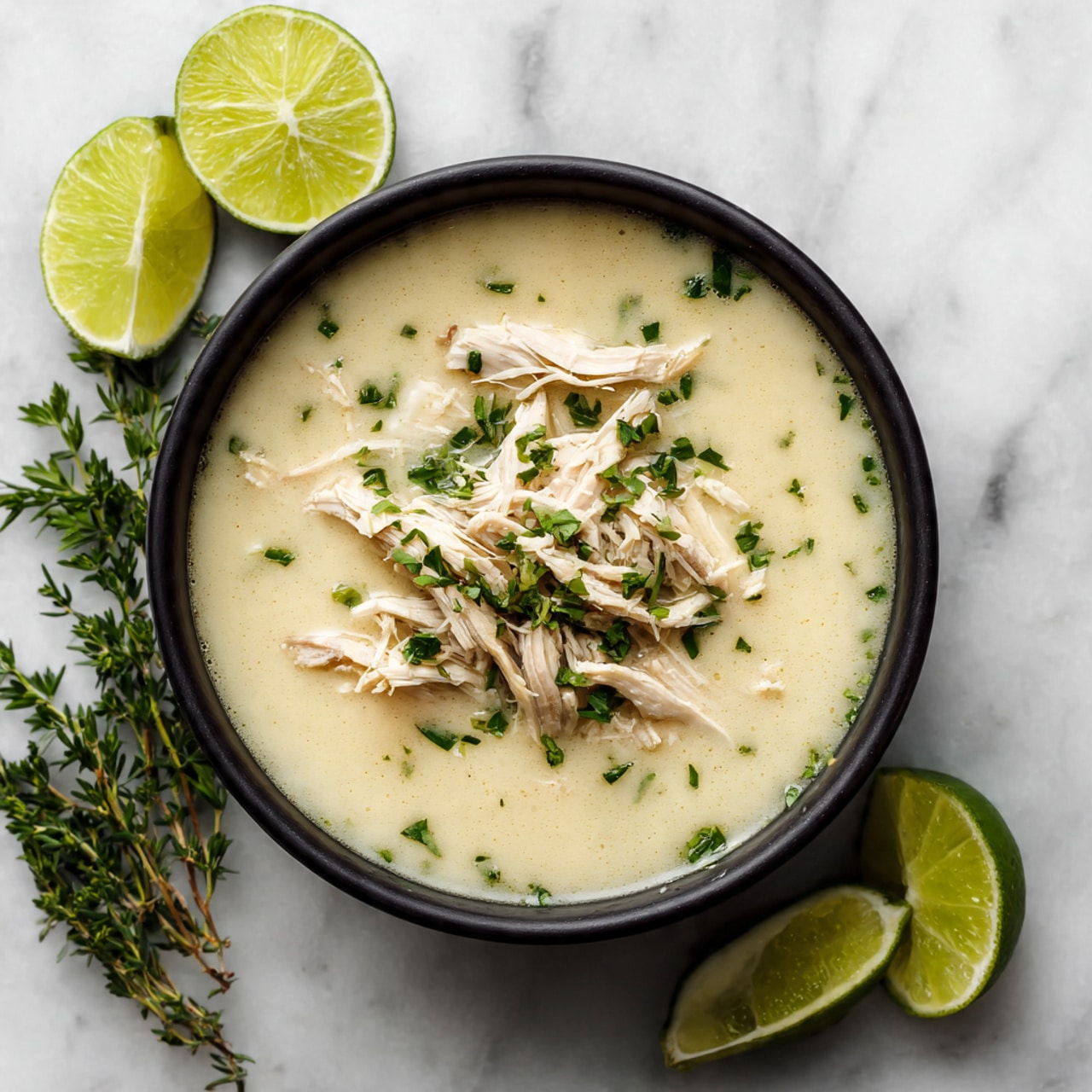 A black bowl sits on a white marbled surface filled with creamy light beige soup with visible pieces of shredded white chicken on top. The soup has a smooth texture with some small chunks, and it is garnished with bright green chopped herbs scattered evenly across the surface. The soup layer holds the ingredients gently, and the chicken pieces sit mostly in the center, surrounded by the creamy base that has a slightly shiny look. Some fresh lime wedge and green herb sprigs are placed near the bowl on the surface. photo taken with an iphone --ar 4:5 --v 7