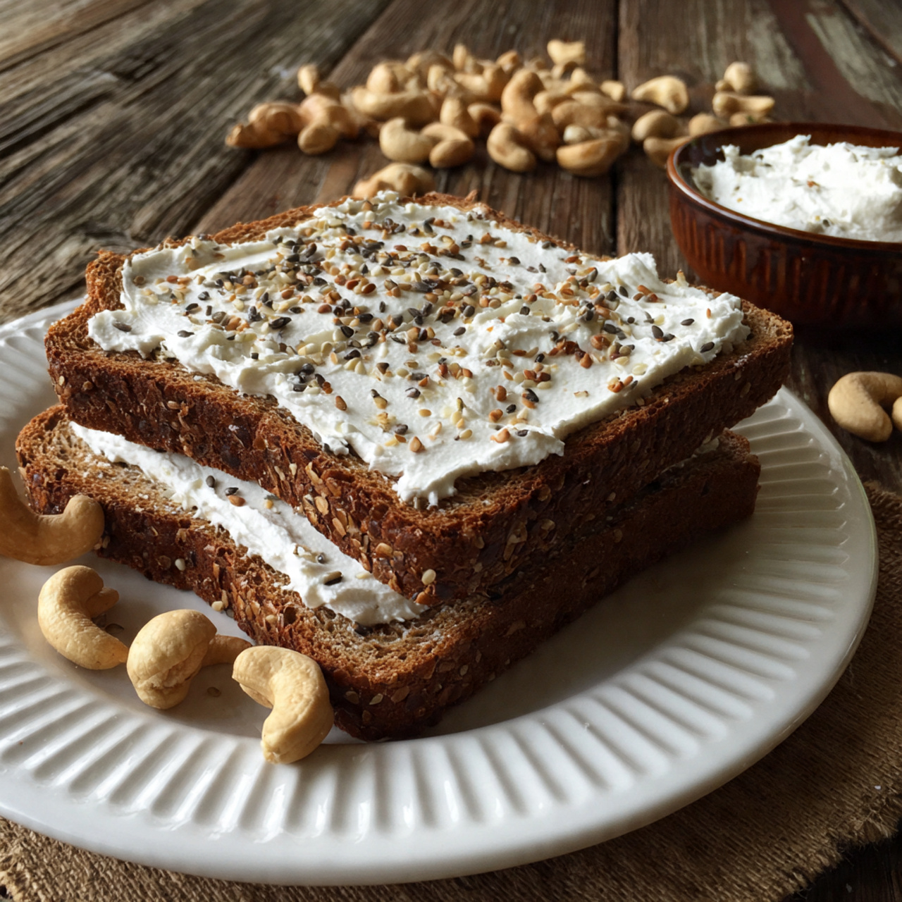 Two slices of dark brown bread sit stacked on a white plate with a ridged edge, each slice spread with a thick layer of white, creamy topping. The topping is sprinkled evenly with small black, yellow, and light brown seeds. Around the plate and on a worn wooden surface, several whole cashew nuts are scattered. In the top left corner, a white bowl with a woven basket handle is filled with more of the same creamy spread. Photo taken with an iphone --ar 4:5 --v 7