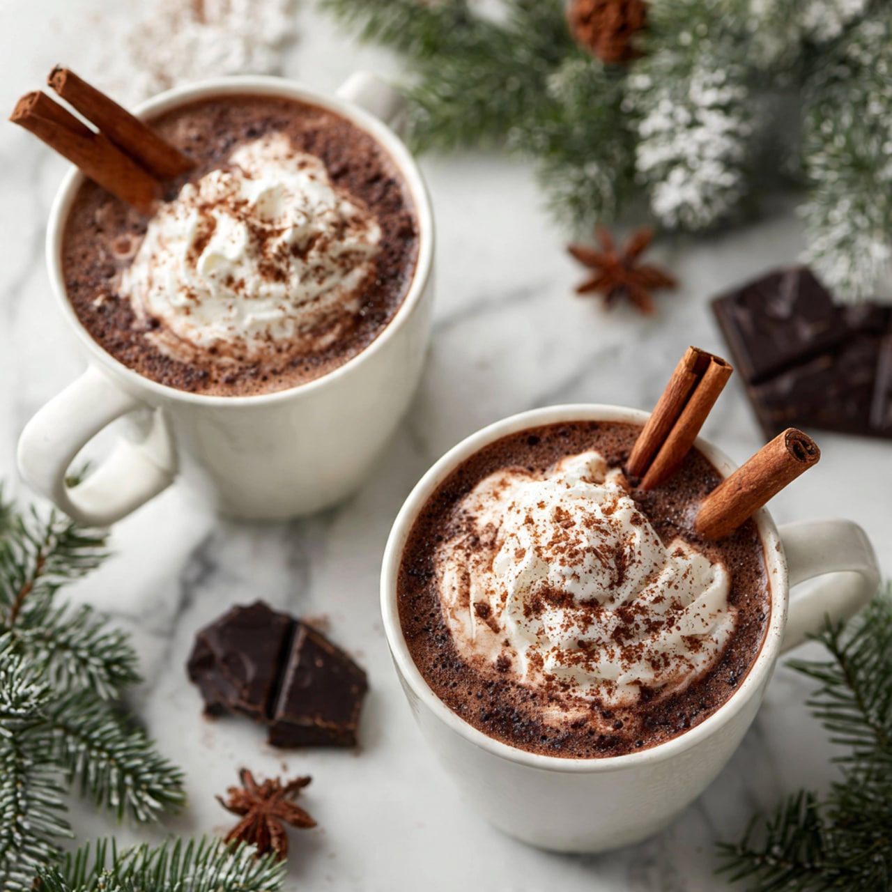 Two white mugs filled with dark brown hot chocolate topped with a thick layer of white whipped cream sprinkled with small chocolate shavings. One mug has a cinnamon stick standing upright on the left side of the whipped cream. The mugs are placed on a white marbled surface scattered with small pieces of dark chocolate and green pine branches, creating a holiday feel. Photo taken with an iphone --ar 4:5 --v 7