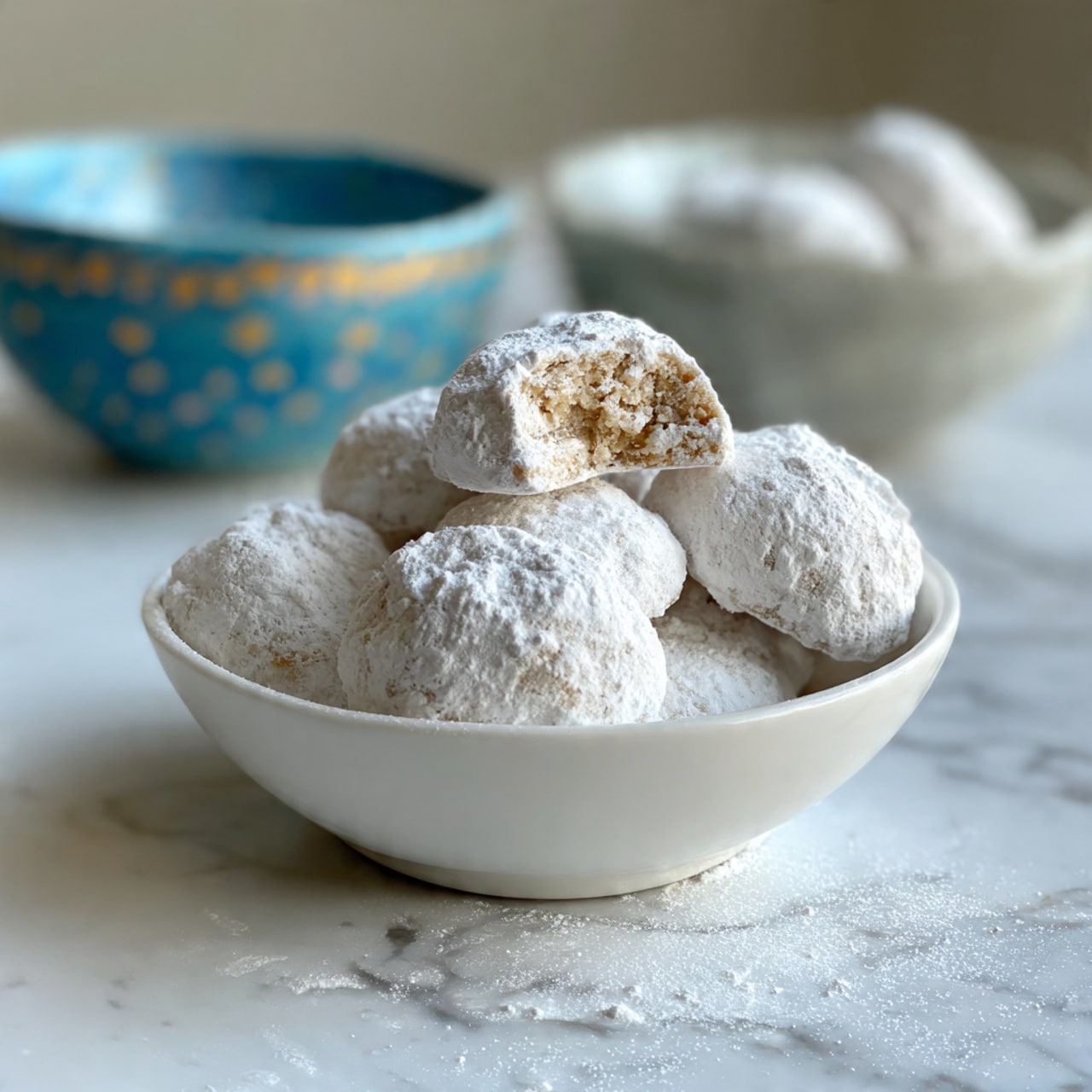 A white bowl filled with many round cookies covered in white powdered sugar, making the surface look soft and snowy; one cookie is placed on top and broken in half to show a crumbly inner texture with light brown and yellow colors and some small dark spots; the bowl has a green outside with a thin dark red rim, set on top of a white marbled texture surface with blurred white bowls in the background; photo taken with an iphone --ar 4:5 --v 7