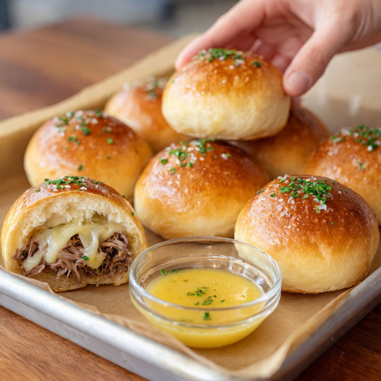 A close-up image showing a pair of woman's hands pulling apart a round golden-brown baked bun with a slightly crispy crust sprinkled with green herbs. Inside the bun, there is a layer of shiny melted yellow cheese overlaying a layer of light brown cooked sausage meat. The bun is one of several similar buns in a black pan beneath, all round with the same golden crust and herb topping. The surface under the pan is a white marbled texture. Photo taken with an iphone --ar 4:5 --v 7
