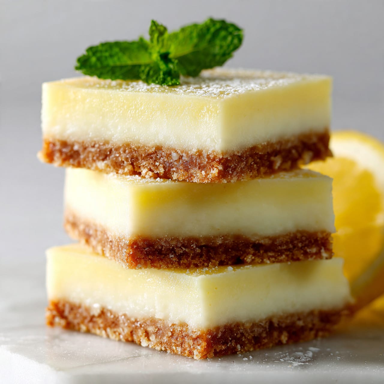The image shows a stack of three small square lemon bars on a white marbled surface. Each lemon bar has two layers: a smooth, bright yellow creamy top layer and a crumbly, golden brown crust layer at the bottom. A woman's hand with light blue nail polish is gently picking up the top lemon bar. In the background, there are hints of green mint leaves and a blurred piece of lemon bar. The overall colors are soft yellow, golden brown, and white with a clean and fresh look. Photo taken with an iphone --ar 4:5 --v 7