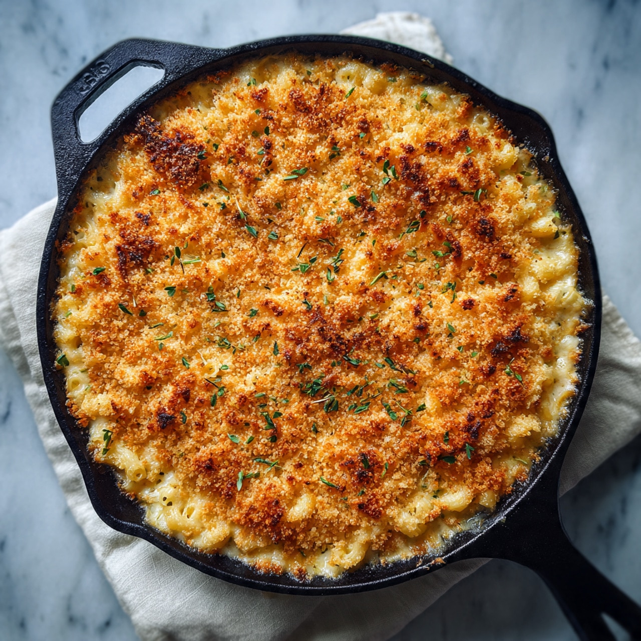 A round black cast iron pan filled with a baked dish topped with a thick layer of golden brown breadcrumbs that look crunchy and slightly uneven with some small clumps. There are small green herb pieces sprinkled lightly on top, adding color contrast. The edges of the topping show a bit of browning, indicating a crisp texture. The background is a white marbled surface with a soft cloth partially visible, adding a cozy feeling. Photo taken with an iphone --ar 4:5 --v 7
