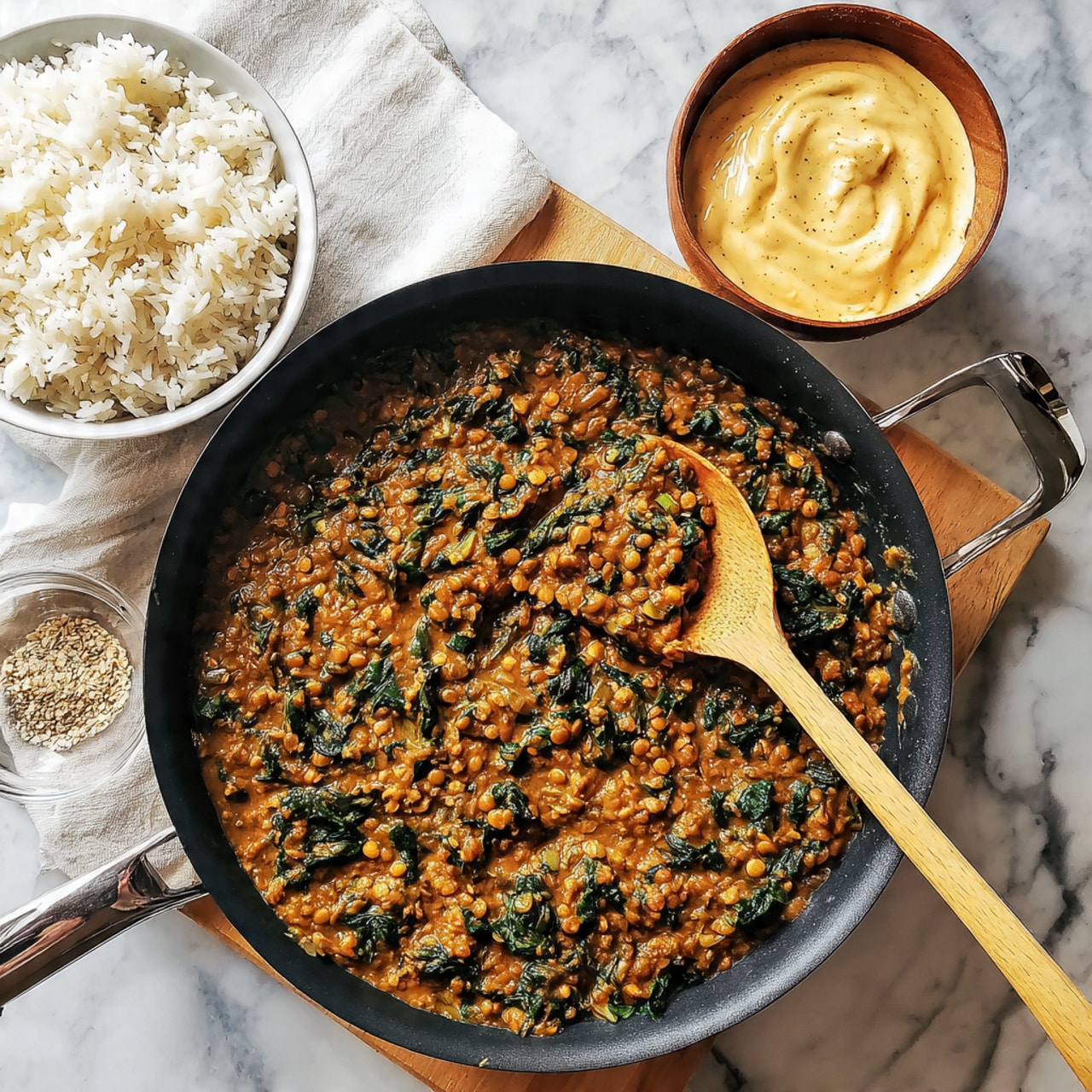 A close-up view of a black skillet filled with thick, brown lentil stew mixed with small green leafy vegetables, showing a slightly chunky texture with visible bits of lentils and herbs. To the back left, a white bowl filled with fluffly white rice is placed on a white marbled surface. To the back right, a small wooden bowl with a creamy white sauce and a spoon inside is partially visible. A wooden spoon is resting inside the skillet stirring the lentils. The whole scene is set on a white marbled background. Photo taken with an iphone --ar 4:5 --v 7