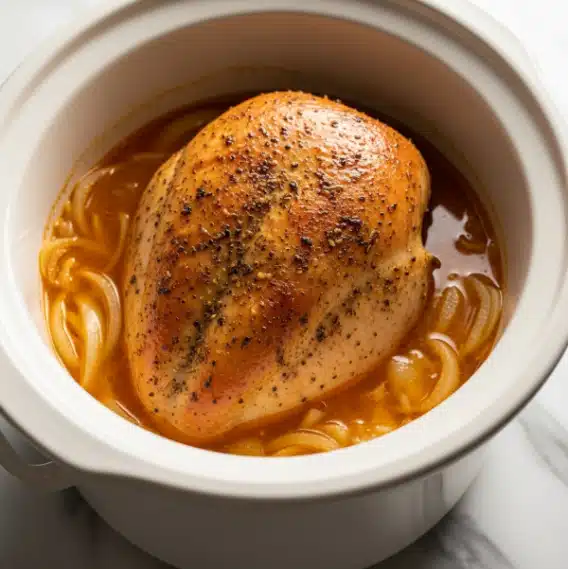 A single large piece of cooked chicken with a brown, seasoned crust lies in a white pot filled with a light orange broth. Below the chicken, light brown slices of onions can be seen floating in the broth. The chicken is centered in the pot and has a slightly rough texture from the seasoning. The surface beneath the pot is a white marbled texture. photo taken with an iphone --ar 4:5 --v 7