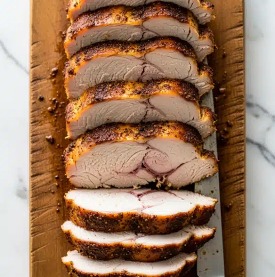 A row of eleven thick slices of cooked meat with a dark brown outer spice crust and a light beige inside is laid out on a light wooden cutting board. The slices are arranged closely in a vertical line, showing the texture of the juicy inside and the slightly crispy spiced outside skin. The background is changed to a white marbled surface. photo taken with an iphone --ar 4:5 --v 7