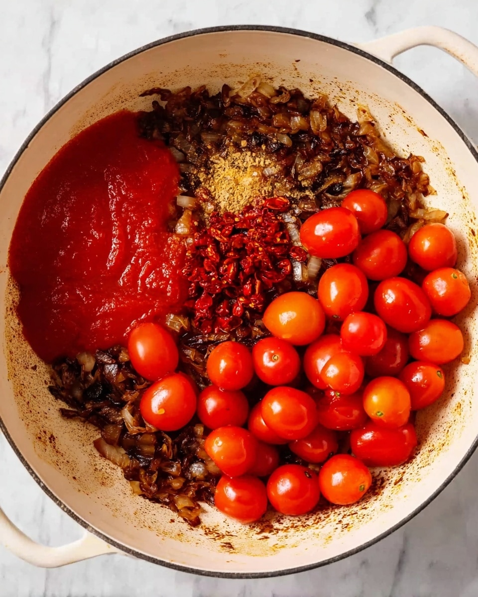 This image shows a white pot with a few layers of ingredients cooking inside. On the bottom layer is browned, chopped onions that cover most of the pot's surface with a dark, slightly oily texture. On top of this, there is a large pool of bright red tomato sauce on the left side. To the right, there are many whole round cherry tomatoes, bright red and smooth, scattered over the onions. Near the center, there is a small pile of finely chopped red peppers or another red ingredient. The pot sits on a white marbled surface. Photo taken with an iphone --ar 4:5 --v 7
