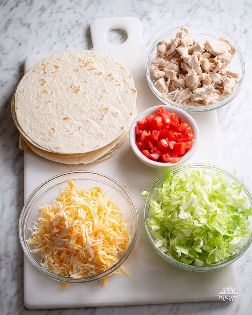 The image shows ingredients for assembling a wrap or taco, placed on a white marbled surface. On the left, a stack of soft flour tortillas rests neatly. To the right of the tortillas, there is a white cutting board topped with four clear glass bowls. The first glass bowl on the left contains pieces of cooked chicken with a light brown and white color. Next to it, a smaller white bowl holds finely chopped bright red tomatoes. The third bowl, made of clear glass, is filled with shredded yellow and white cheese piled high and spilling slightly onto the cutting board. The last clear glass bowl on the far right contains shredded green lettuce with fresh, crisp texture. The colors in the image are soft and natural, arranged in an organized way. Photo taken with an iphone --ar 4:5 --v 7