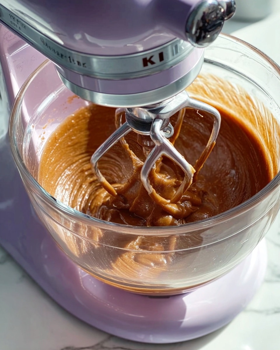 A close-up view of a clear glass mixing bowl attached to a pale purple stand mixer with metal beaters whipping a thick, shiny brown batter inside. The batter has a smooth, creamy texture with some swirls showing movement. The bowl is set on a white marbled surface, and the background is softly lit, keeping focus on the mixer and the rich batter moving inside it. Photo taken with an iphone --ar 4:5 --v 7