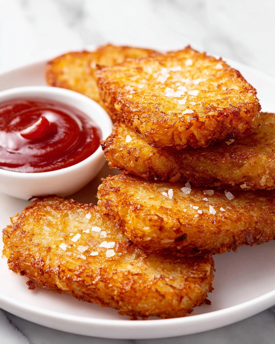 A white plate holds five golden brown hash brown patties, stacked unevenly with three on the bottom and two leaning on top, each patty showing a crispy textured surface with scattered flakes of coarse salt. On the upper left corner of the plate, there is a small white bowl filled with rich, red ketchup that has a smooth, swirled appearance. The scene is set against a soft white marbled background. Photo taken with an iphone --ar 4:5 --v 7