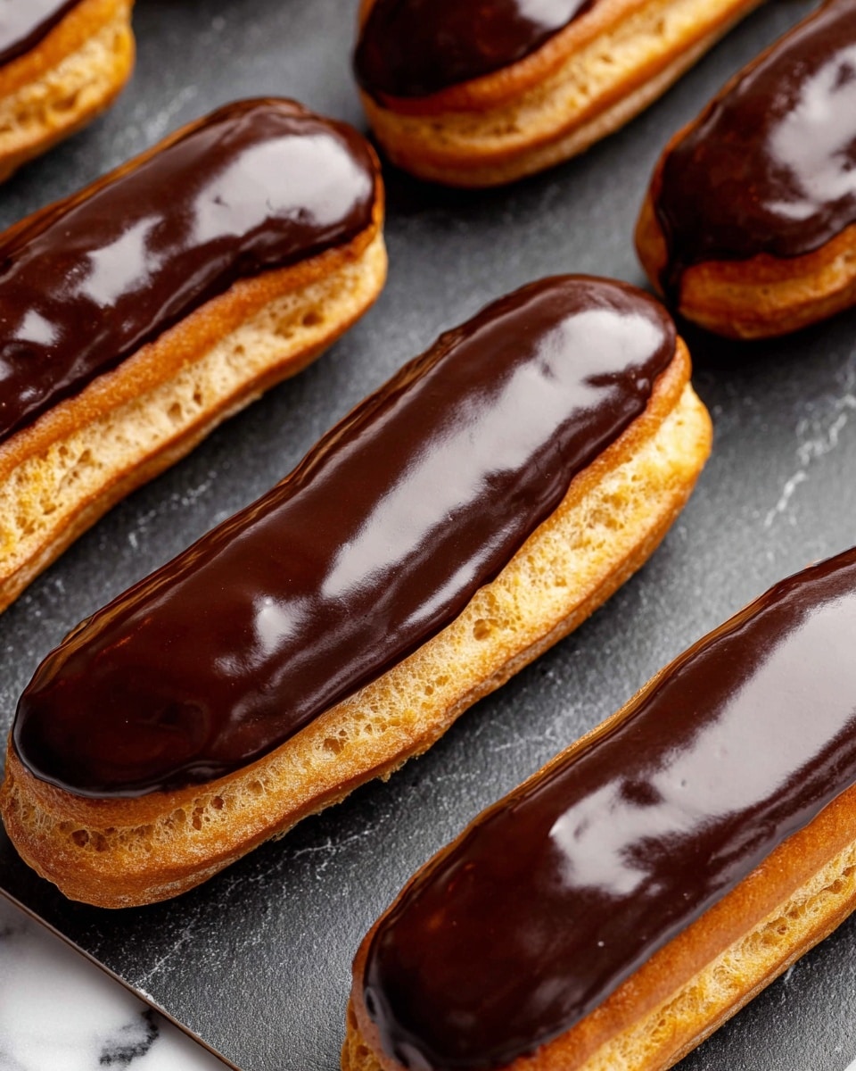 Several long, thin éclairs are arranged on a dark textured surface with a white marbled texture underneath. Each éclair has a golden brown choux pastry base that looks light and airy. On top of the pastry is a smooth, glossy layer of dark chocolate glaze covering the entire length with a slight shine that reflects light gently. The éclairs are placed close to each other in neat rows, showing the contrast between the golden base and rich chocolate top. photo taken with an iphone --ar 4:5 --v 7