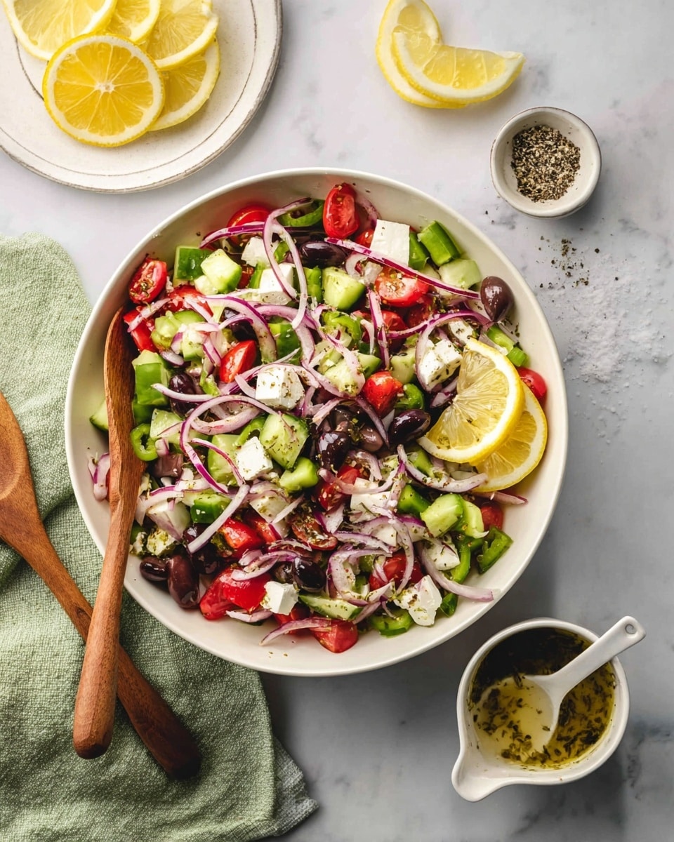 A white bowl filled with a colorful salad made of three layers: the bottom layer has green diced cucumbers and green bell peppers, the middle layer consists of thin purple onion rings and pieces of black olives, and the top layer is scattered with small red cherry tomato halves and white chunks of feta cheese. Two lemon slices are placed on one side of the bowl. Wooden salad spoons rest inside the bowl on the right side. Around the bowl on a white marbled surface, there is a small white dish with black pepper and salt, a small white cup of dressing with herbs mixed in, and a white plate stacked with lemon slices. A green cloth napkin is placed partially under the bowl on the left side. Photo taken with an iphone --ar 4:5 --v 7