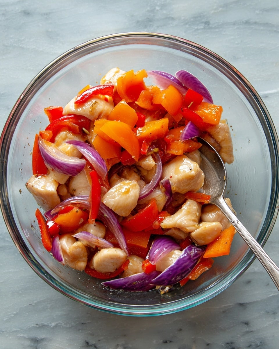 A clear glass bowl filled with a mix of three layers: the bottom and middle layer are made of light beige raw chicken pieces with a slightly shiny texture, interspersed with bright orange and red bell pepper chunks that have a smooth surface, and curved slices of purple-red onion with white inner rings. A silver spoon with a simple handle is placed inside the bowl on the right side, resting among the ingredients. The bowl sits on a white marbled surface. photo taken with an iphone --ar 4:5 --v 7