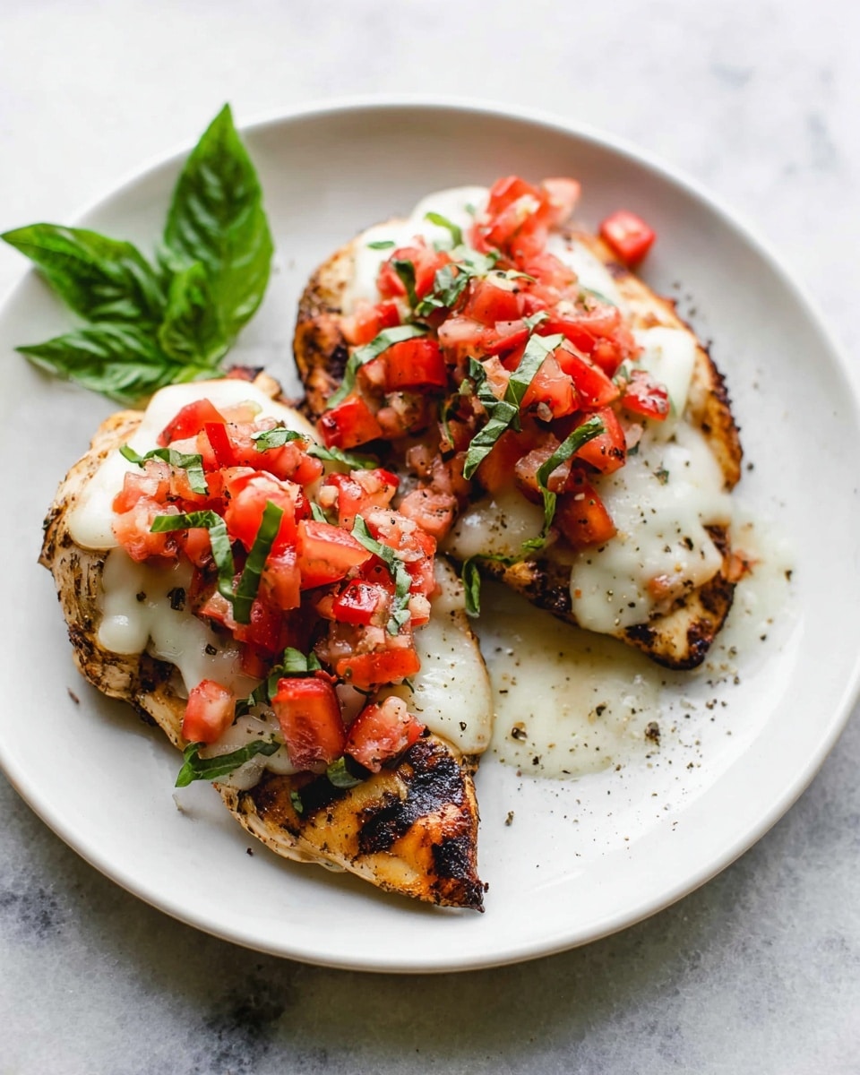 Two grilled chicken pieces lie side by side on a round white plate set on a white marbled surface. Each piece is topped with a layer of melted, creamy white cheese that covers the top half. On top of the cheese, there is a bright red layer of diced tomatoes mixed with thin strips of fresh green basil. The chicken is lightly browned and charred with grill marks visible. Fresh basil leaves add a pop of green on the side of the plate, and small specks of black pepper are scattered over the dish. Photo taken with an iphone --ar 4:5 --v 7
