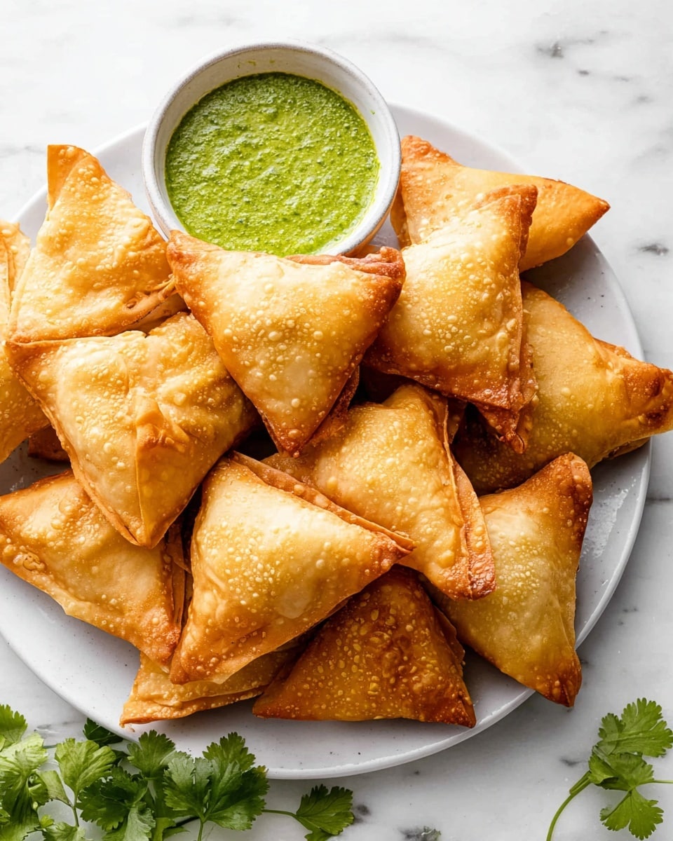 A white plate holding about ten golden brown, crispy samosas arranged in a circular pattern with a small cup of bright green chutney placed near the center, the samosas have small bubbles on their surface and each is folded into a neat triangle shape. The plate rests on a white marbled surface with a few sprigs of fresh green cilantro nearby, adding a touch of fresh color. photo taken with an iphone --ar 4:5 --v 7