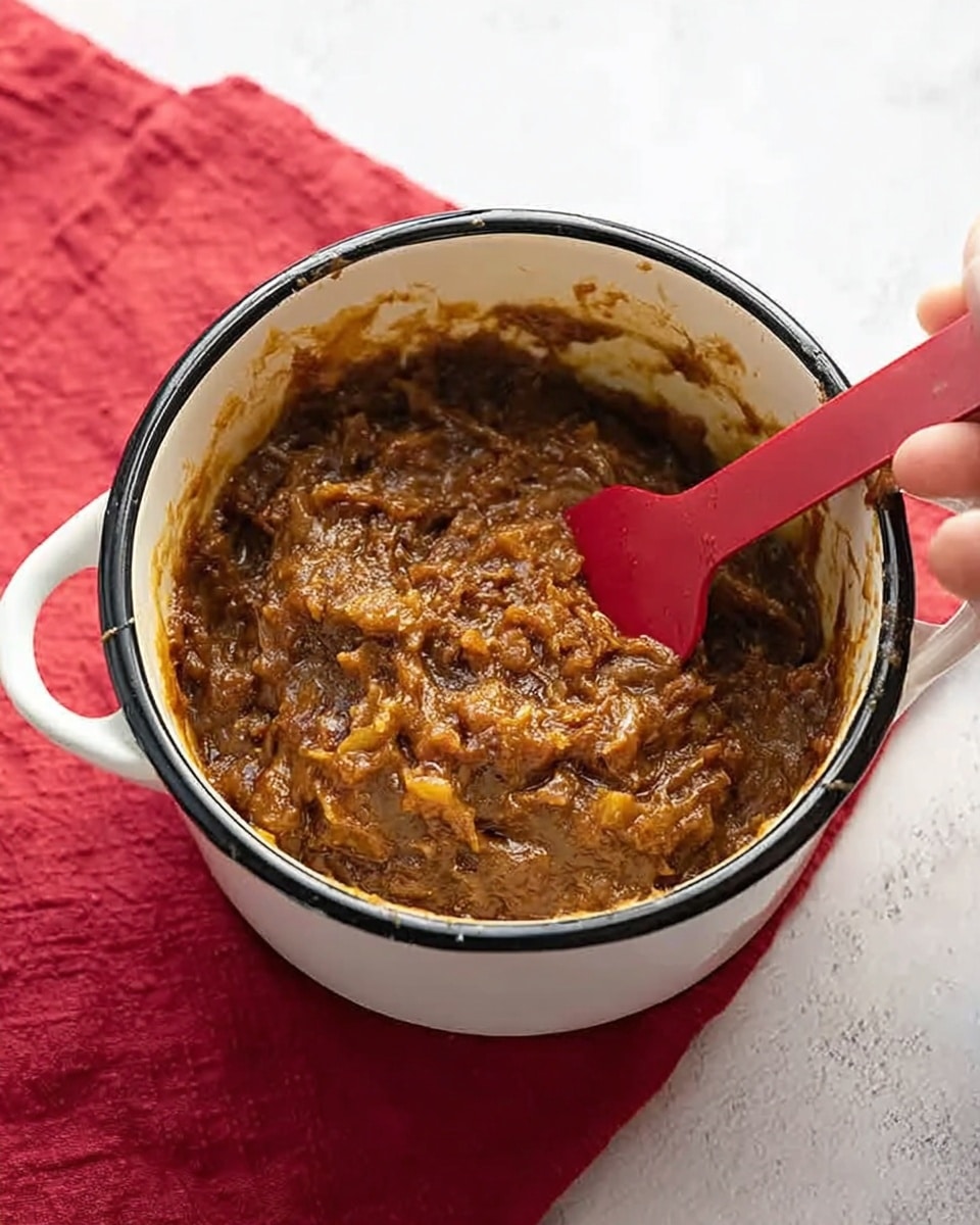 Inside a white enamel pot with a black rim, there is a thick, chunky mixture that is a rich brown color with some lighter tan and yellow bits mixed in. A red silicone spatula is resting inside the pot, partially covered with the mixture, and a woman's hand is holding the pot. The pot is sitting on a red cloth on a white marbled surface with soft lighting coming from the side. The texture looks thick and coarse with visible chunks throughout. photo taken with an iphone --ar 4:5 --v 7