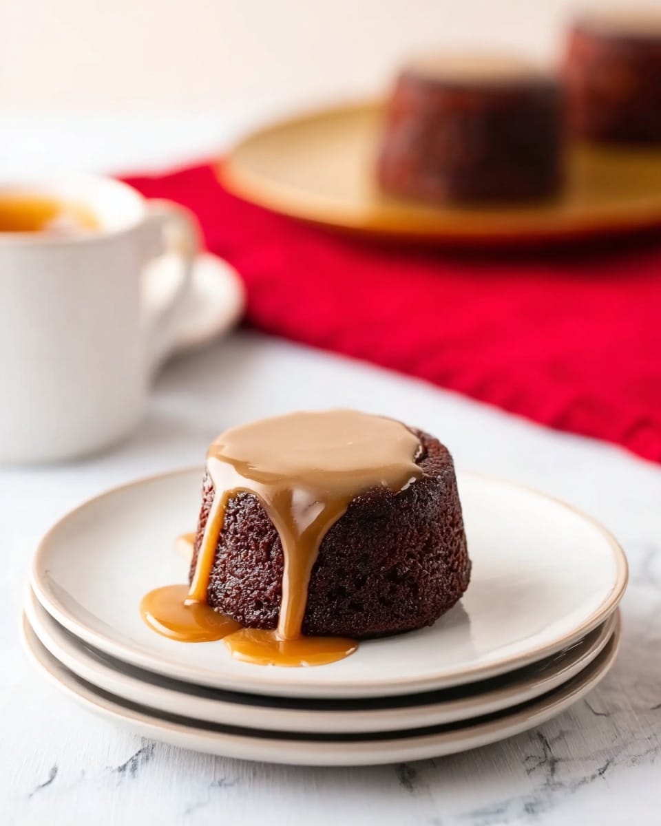 A small round dark brown cake sits in the middle of a stack of three plain white plates on a white marbled surface. The cake is topped with a smooth, light brown sauce that drips slightly down the sides, giving it a shiny texture. In the background, there is a blurred white cup with a small splash of orange sauce on the side and a golden plate holding two more dark brown cakes. A red cloth is spread under the plates. The photo is taken with an iphone --ar 4:5 --v 7