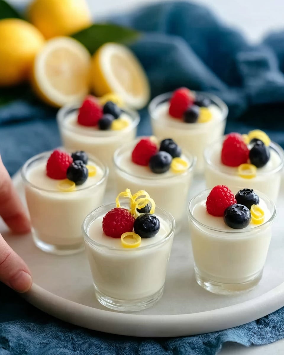 The image shows six clear glass cups arranged on a white plate with a smooth surface. Each cup has a creamy white layer filling almost to the top, looking smooth and soft. On top of this creamy layer, there is a decoration of one bright red raspberry, one dark blue blueberry, and a small yellow twist of lemon peel. The cups are set on a white marbled surface with a blue cloth nearby and some whole and cut lemons blurred in the background. A woman's hand is gently holding one of the cups. Photo taken with an iphone --ar 4:5 --v 7