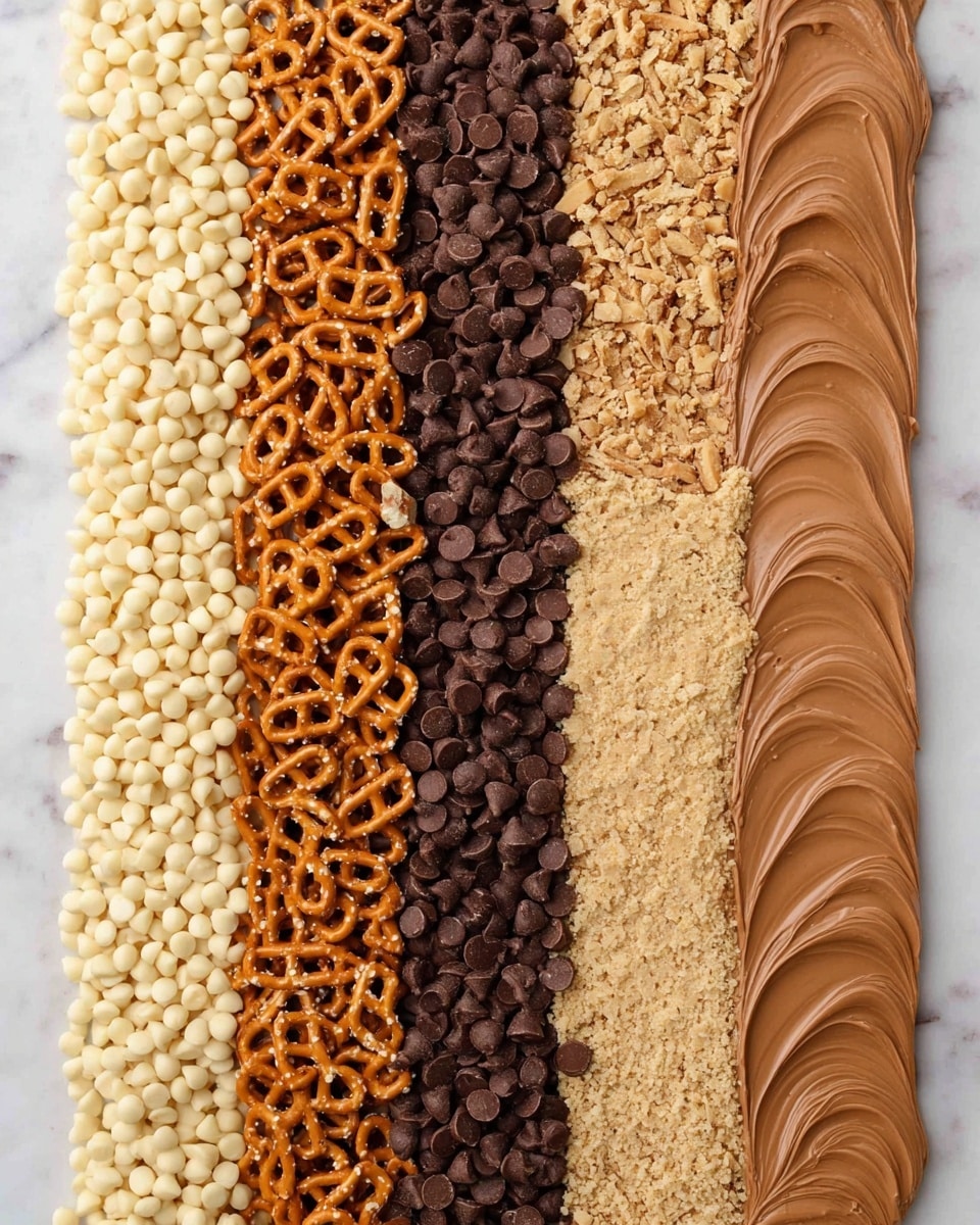The image shows six straight vertical layers placed side by side on a white marbled surface. From left to right, the first layer is made of small, off-white drops that look smooth and slightly shiny. The second layer has small, orange-brown pretzels with a shiny surface and a crunchy texture. The third layer is dark brown chocolate chips with a matte texture and a soft look. The fourth layer has smaller, light brown chocolate chips, slightly shiny and closely packed. The fifth layer is light beige crushed nuts or crumbs, uneven in shape and rough in texture. The last layer on the right is a smooth, shiny light brown spread, swirled in thick waves. Photo taken with an iphone --ar 4:5 --v 7