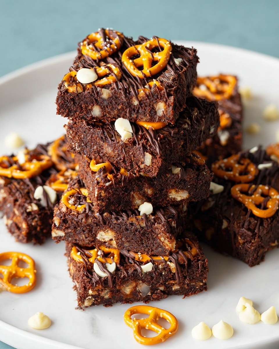 The image shows a stack of five thick, square chocolate brownies on a white plate, each brownie having a rich dark brown color with a rough, nutty texture inside. The top of each brownie is decorated with bright orange pretzels and small white chocolate chips scattered across the surface. Thin lines of dark chocolate drizzle zigzag over the top of the brownies, adding extra texture and shine. The plate sits on a white marbled surface, enhancing the colors of the dessert. Around the plate, a few extra white chocolate chips and orange pretzels are scattered, adding more detail to the scene. photo taken with an iphone --ar 4:5 --v 7