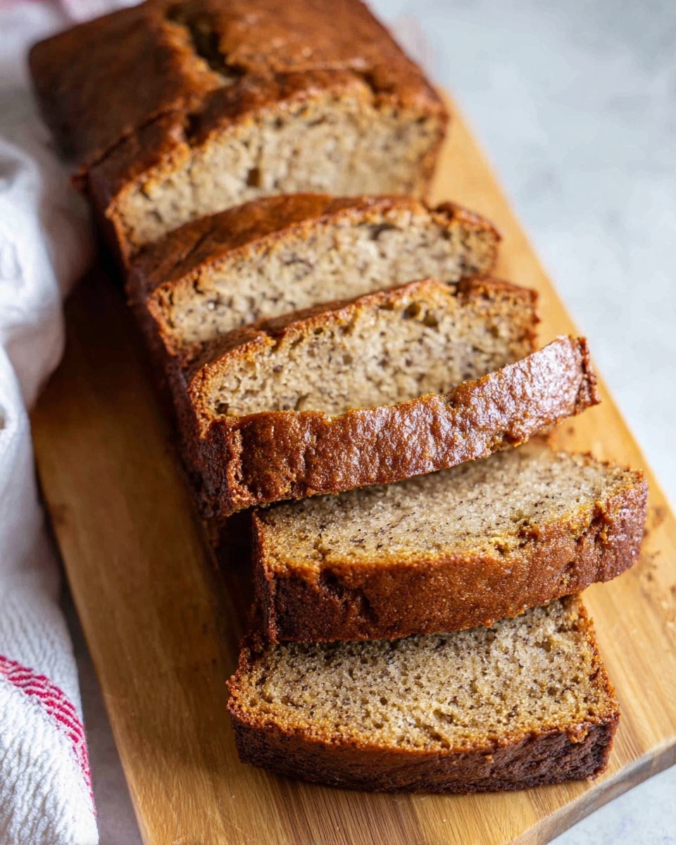 The image shows a loaf of brown banana bread sliced into six pieces, stacked slightly on a rectangular wooden board. The bread has a moist, dense texture with visible small air holes throughout. The top crust is darker brown and slightly shiny, with a soft and rough surface that glistens a little. The slices are thick and even, with the crust wrapping the edges of each slice. In the bottom left corner, a soft white cloth with red stripes is partially visible on a white marbled textured surface photo taken with an iphone --ar 4:5 --v 7