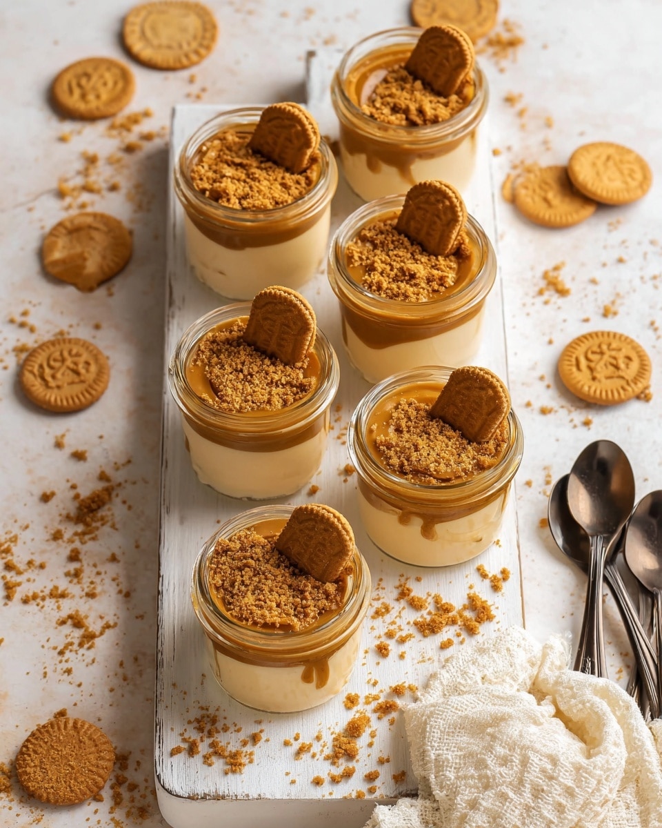 The image shows seven small glass jars arranged on a white wooden board, each jar filled with a layered dessert. The bottom layer is creamy and light beige, topped with a thick layer of smooth caramel sauce in a rich golden-brown color. On top of the caramel, there is a sprinkling of crushed golden brown cookie crumbs, with a half or a small piece of a whole Lotus biscuit placed on the side of each jar’s opening. Around the jars are some whole Lotus biscuits scattered on the white marbled surface, along with some cookie crumbs. To the right side, there are three dark spoons lying on the surface, and a cream knitted cloth is draped near the lower right corner. The photo is taken with an iphone --ar 4:5 --v 7