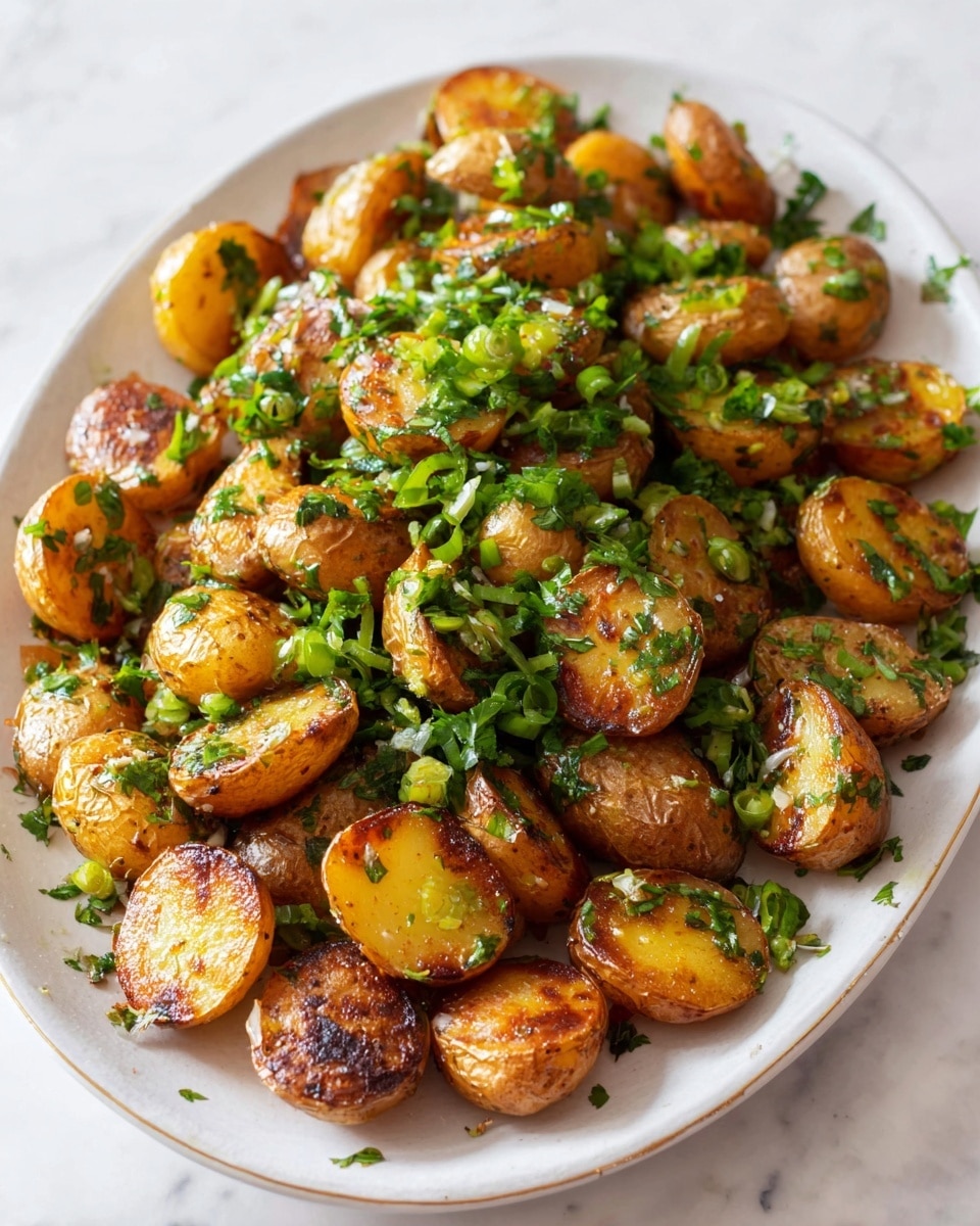 A white oval plate filled with many small golden-brown roasted potato halves, each having a crispy textured surface with some darker browned spots, scattered evenly across the plate. On top and tucked between the potatoes is a generous layer of bright green chopped herbs and green onions, adding fresh color and texture. The dish sits on a white marbled surface, enhancing the warm tones of the potatoes and the vibrant green of the herbs. photo taken with an iphone --ar 4:5 --v 7