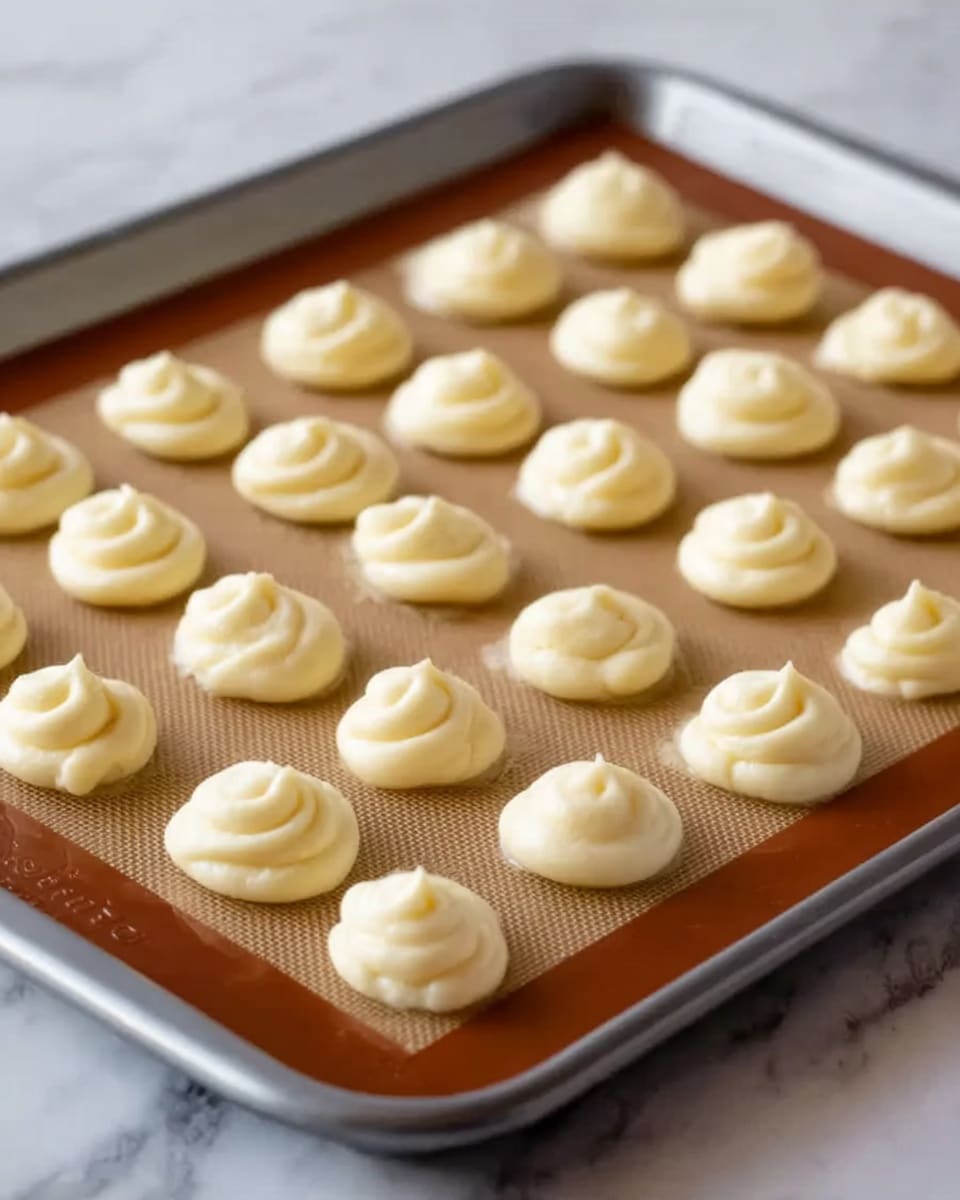 The image shows a metal baking tray lined with an orange silicone mat, resting on a white marbled surface. On the tray, there are 24 dollops of pale yellow dough evenly spaced in a grid pattern. Each dollop is smooth, round, and slightly raised with a small peak at the center, showing a soft texture. The tray edges frame the neat rows of dough, ready to be baked. photo taken with an iphone --ar 4:5 --v 7