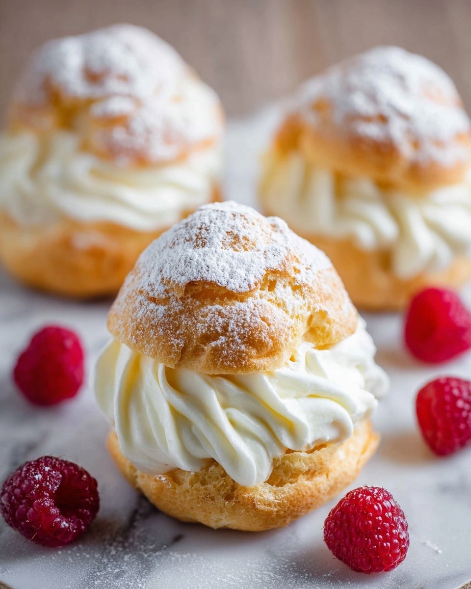 The image shows a cream puff with two golden brown, soft, and slightly puffed pastry layers dusted with white powdered sugar on top. Between the two pastry layers is a thick, fluffy, white cream filling that is swirled and fills the middle of the puff. The cream puff rests on a white marbled surface with some bright red raspberries near the base, and the background is softly blurred with more cream puffs visible. Photo taken with an iphone --ar 4:5 --v 7