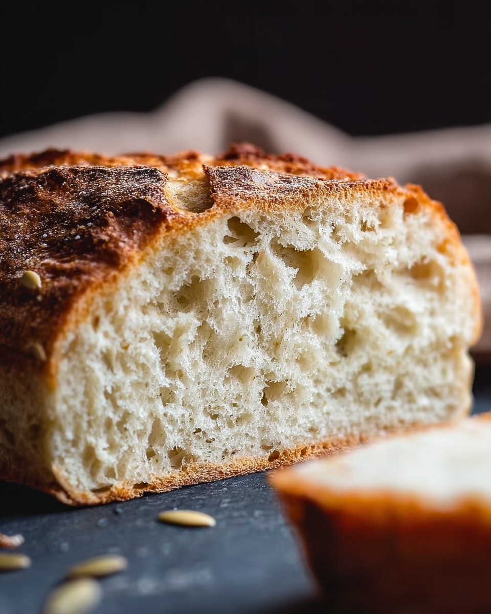 The image shows a close-up of a thick slice of bread with a golden brown, slightly uneven crust on top. Inside, the bread is light cream-colored with an airy and soft texture full of small holes and some seeds visible throughout. The slice rests on a dark surface, with another piece of bread blurred in the front right corner. The background is softly blurred, making the bread the main focus, photo taken with an iphone --ar 4:5 --v 7