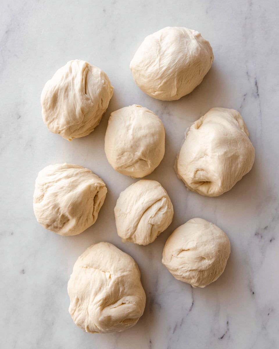 Seven irregular round dough balls with soft, smooth, and slightly wrinkled textures are placed directly on a white marbled surface. Each dough ball varies in size and shape but all share a light cream color with natural creases and folds, showing they are freshly made and ready for the next step in baking or cooking photo taken with an iphone --ar 4:5 --v 7