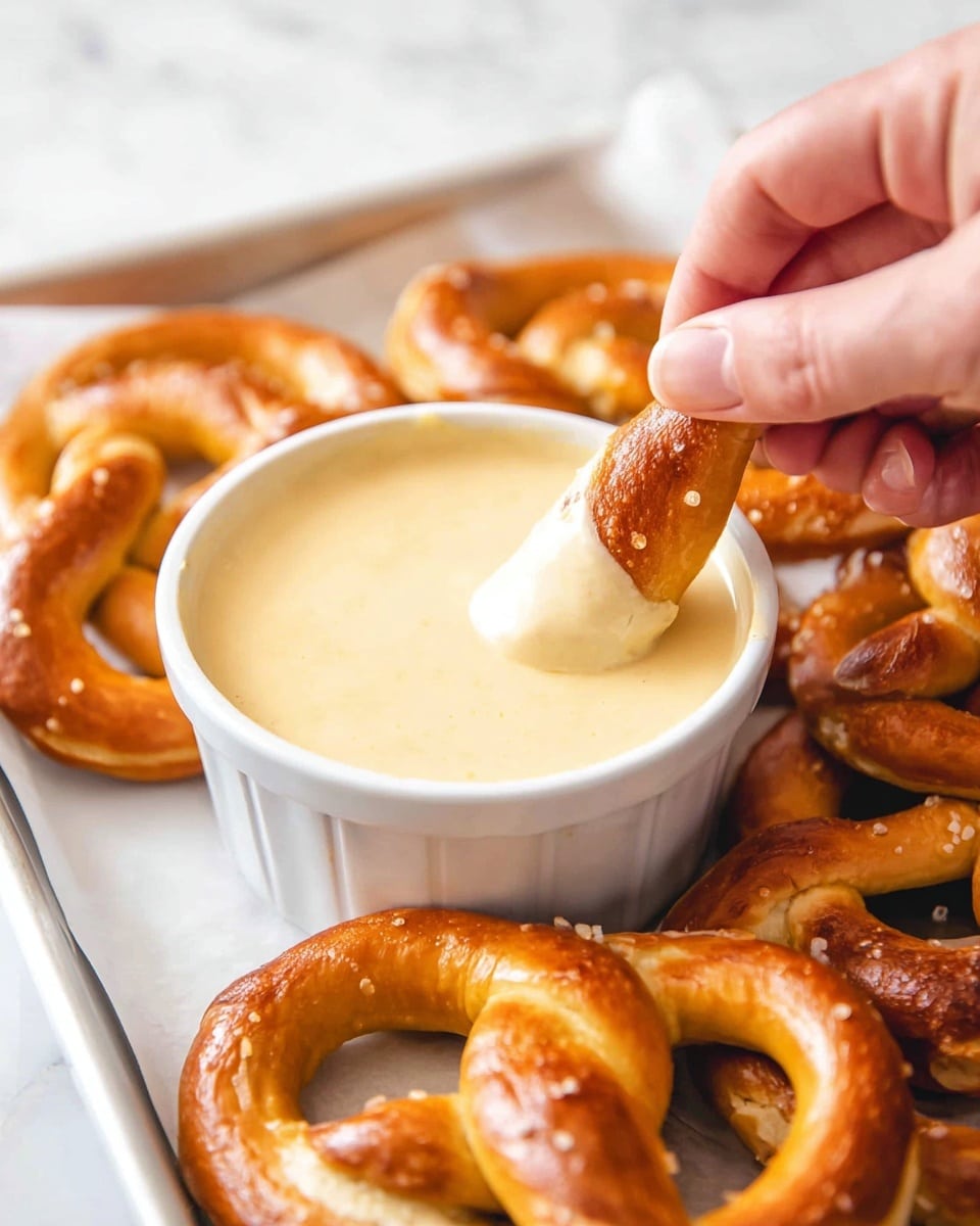 A woman's hand is dipping a golden-brown pretzel into a creamy, light yellow cheese sauce inside a small white bowl. The bowl sits on a white tray lined with white paper. Behind the bowl, there are several shiny, warm pretzels with smooth, slightly textured surfaces arranged together. The whole scene is placed on a white marbled surface. photo taken with an iphone --ar 4:5 --v 7