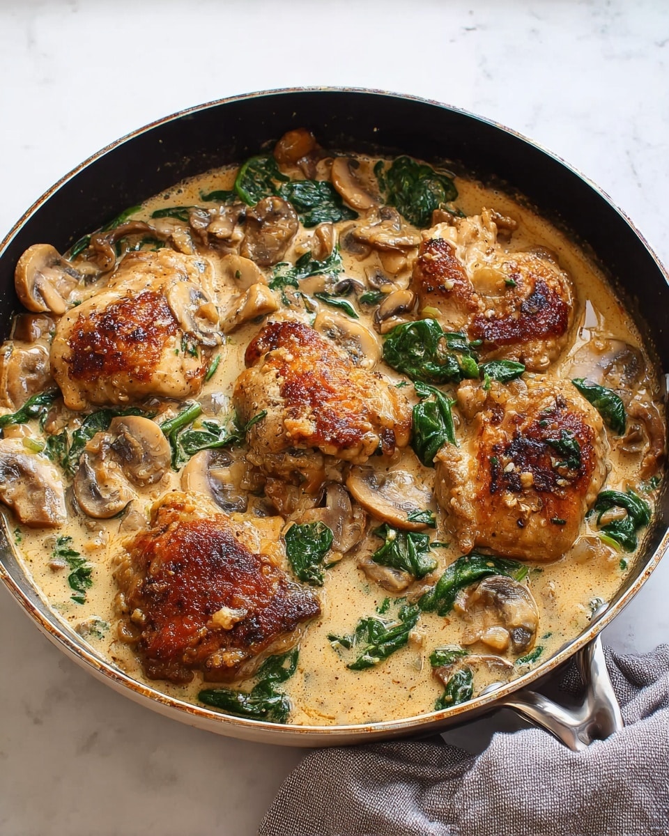 A black pan sits on a white marbled surface, filled with a creamy dish featuring four browned, cooked chicken pieces partially covered by a thick light beige sauce. The sauce contains light brown sliced mushrooms and bright green spinach leaves, all mixed evenly around the chicken. The chicken pieces show some dark brown grill marks and a slightly shiny texture that contrasts with the creamy sauce. A gray kitchen towel is folded and placed next to the pan's handle on the right side. photo taken with an iphone --ar 4:5 --v 7