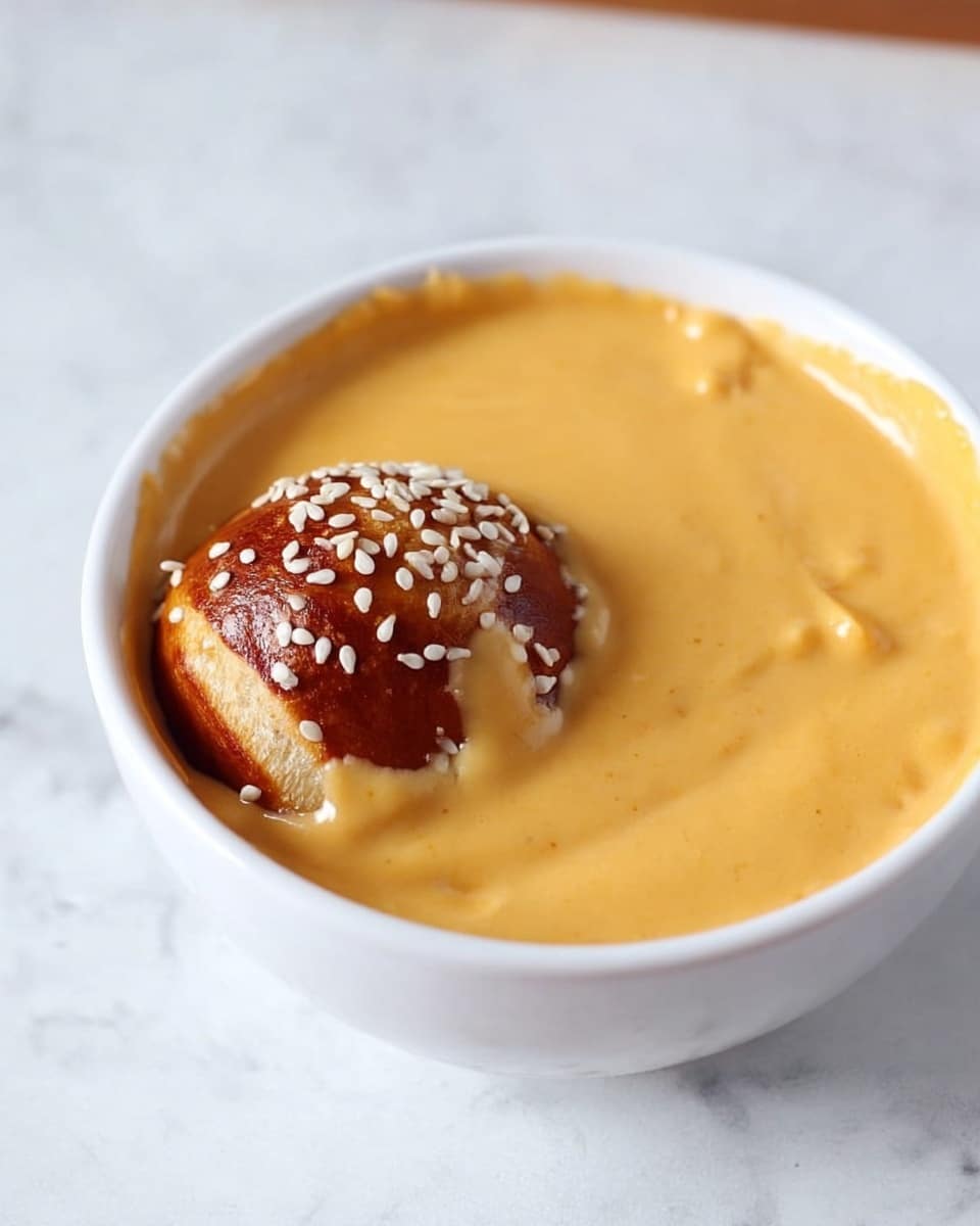 A white bowl filled with smooth, thick, light orange cheese sauce covering almost all inside. A soft brown pretzel bite with shiny surface and white sesame seeds is partially dipped in the cheese, showing the contrast between the golden brown top of the pretzel and creamy cheese around it. The bowl is placed on a white marbled surface. photo taken with an iphone --ar 4:5 --v 7