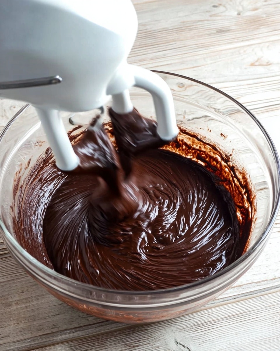 A clear glass bowl sitting on a white marbled surface holds thick, smooth dark brown chocolate batter being mixed by a white hand mixer with two beaters. The batter has a glossy, shiny texture with swirl patterns where the beaters have moved through it, creating lines and waves in the chocolate. The motion of the beaters is blurred, showing the action of mixing. The background shows light wood planks in soft focus. photo taken with an iphone --ar 4:5 --v 7